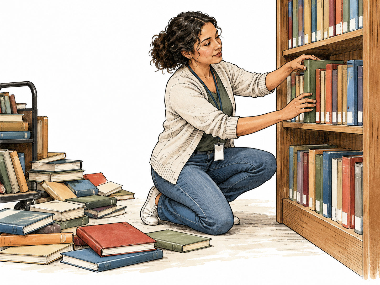 Latina librarian organizes scattered books into orderly shelves.