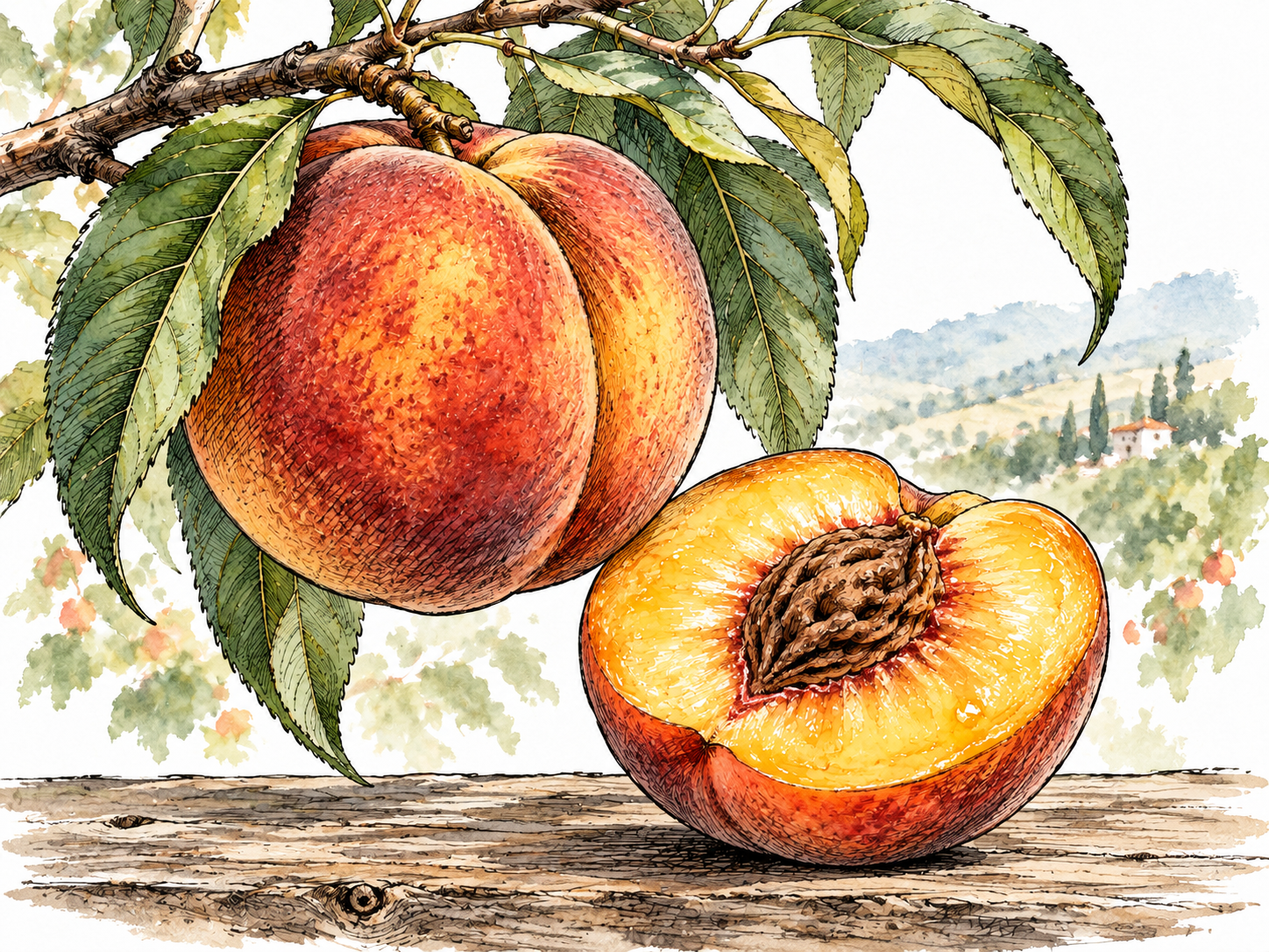 A close view of an intact ripe peach and a cut peach revealing juicy golden flesh, with a hand gently lifting the intact ripe fruit from a leafy branch.