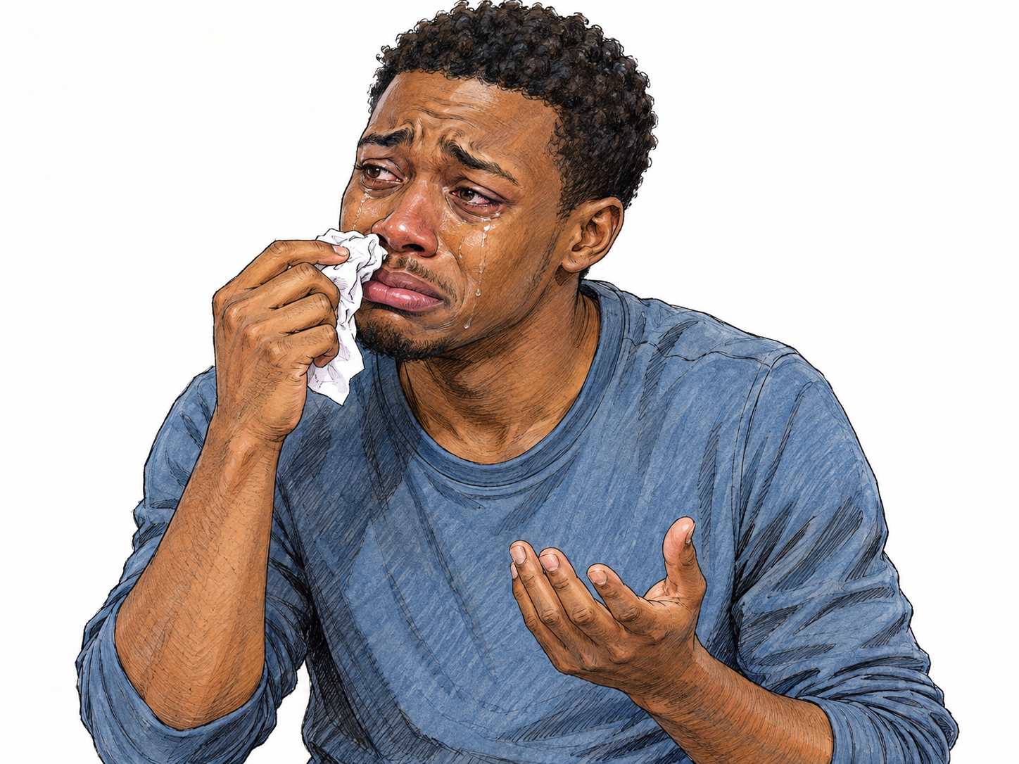 A young man cries with a pinched, self-pitying expression, tear-streaked cheeks, a trembling protruding lower lip, and a runny nose that he dabs with a crumpled tissue.