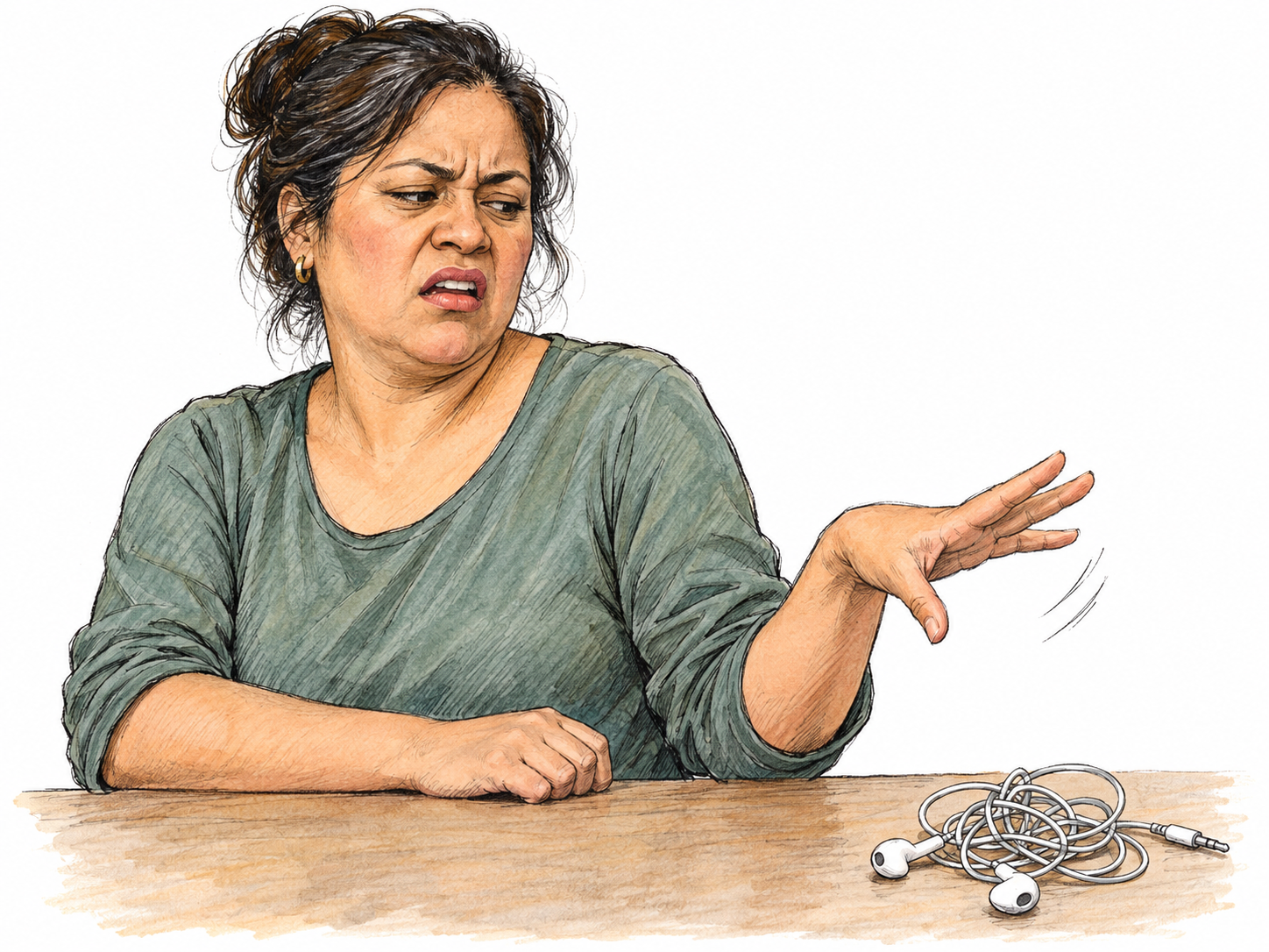 A middle-aged Latino woman expresses dismissive annoyance at a tangled set of earbuds, turning her face away with a curled lip and a loose, outward flick of her hand.