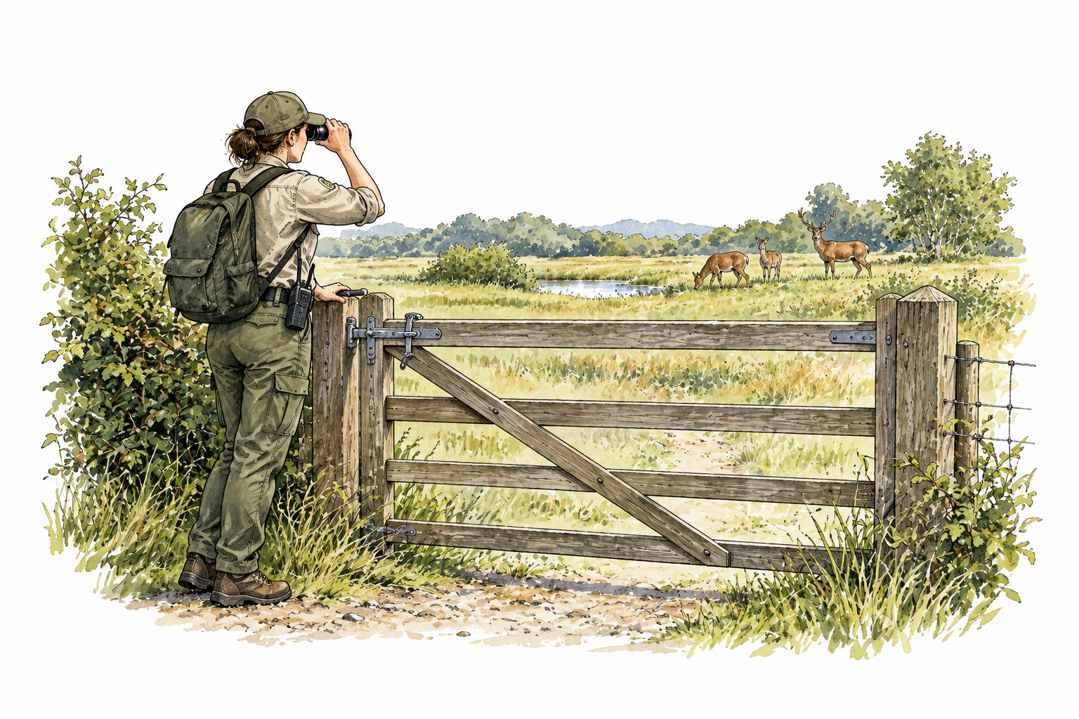 A park warden supervising a protected nature reserve, checking a gate while observing wildlife at a distance, simple realistic uniform, no words.