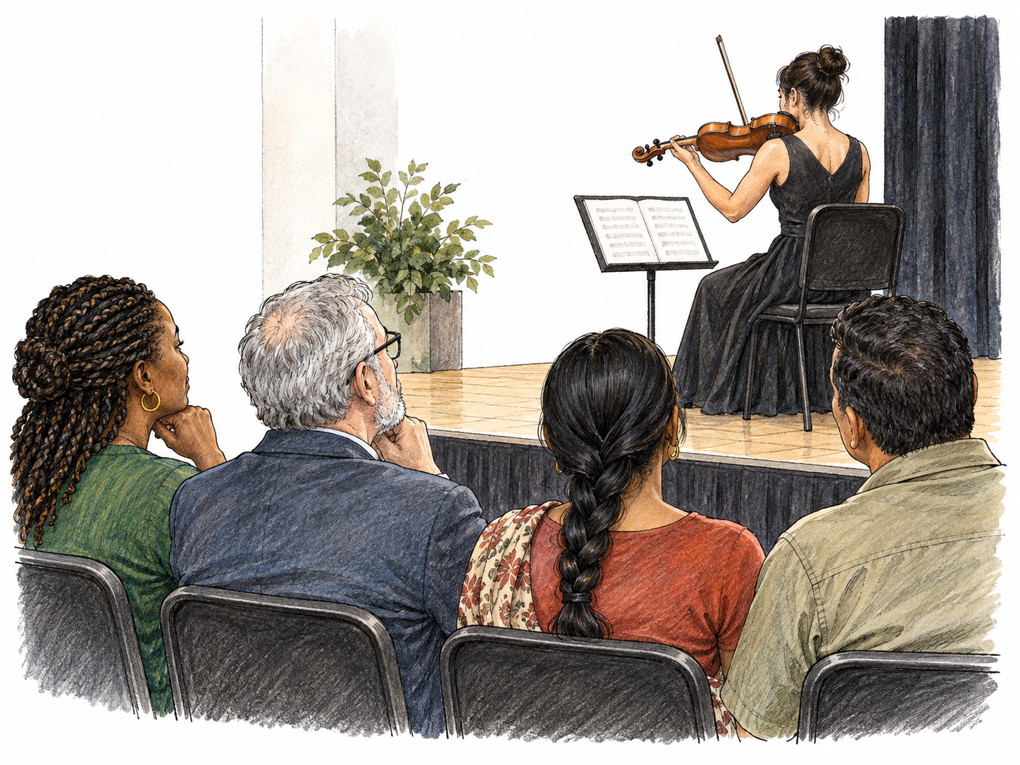 Four seated audience members attentively face a small cropped stage with violin performer, shown from behind at three-quarter angle; focus on gathered listeners, no rows of crowds.