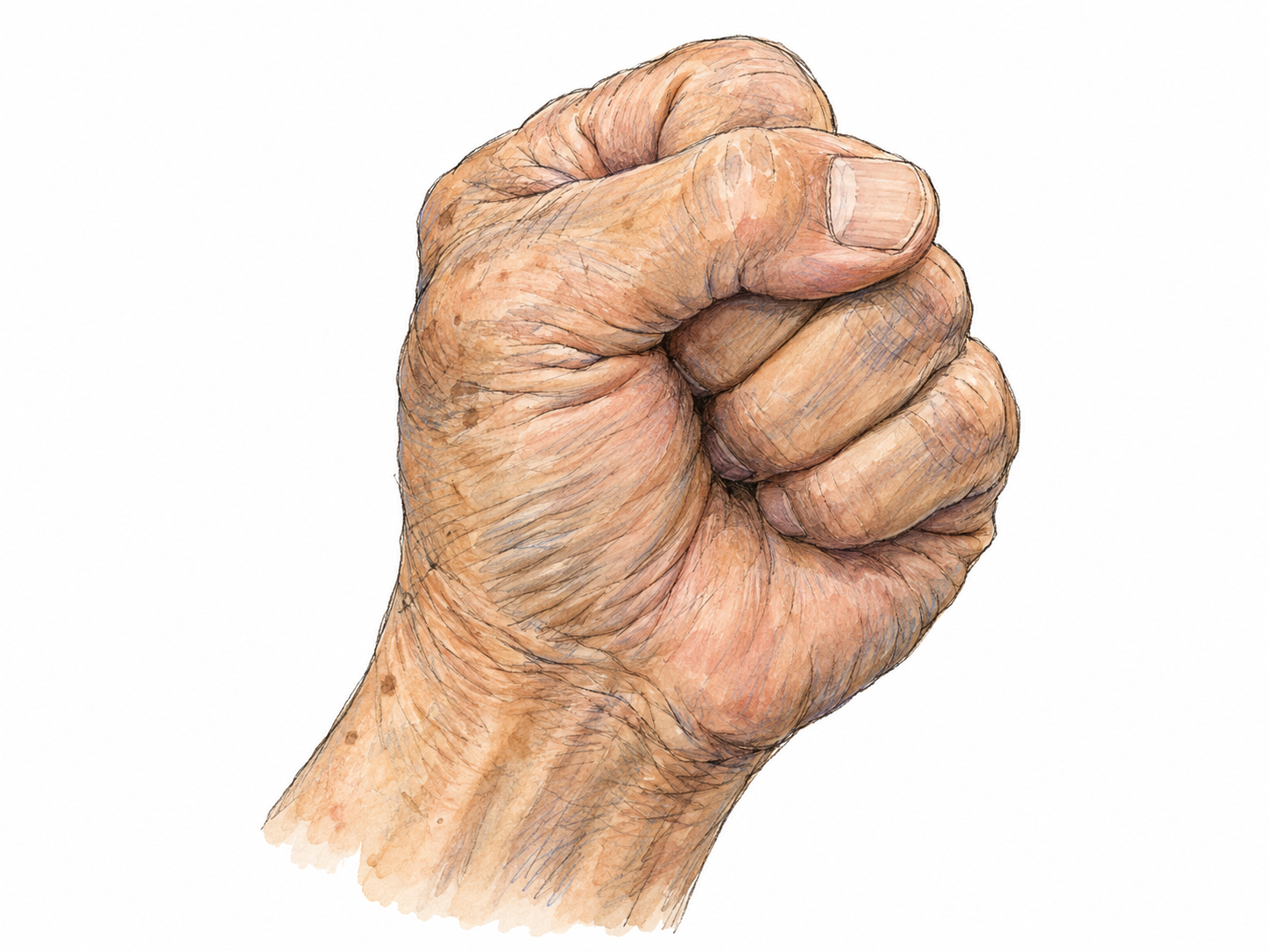 A close-up of a tightly clenched bare hand, showing four fingers folded into the palm and the thumb resting firmly across them.