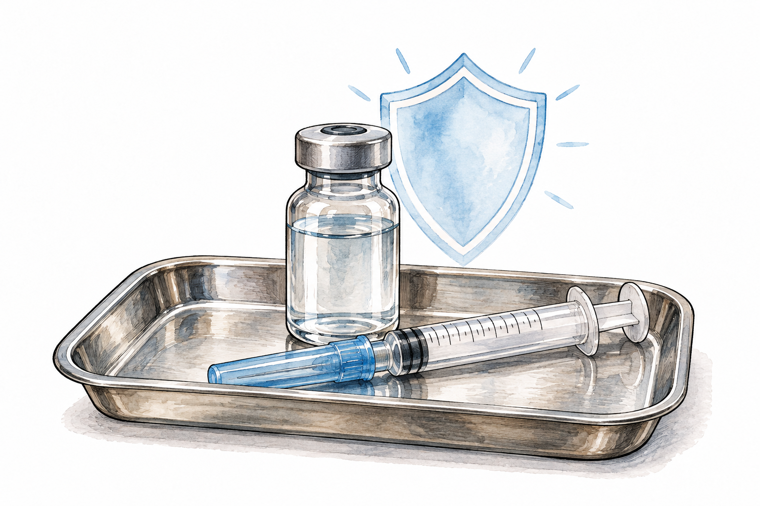 An unmarked vaccine vial with a capped syringe beside it in a clinic tray, small protective shield motif behind representing immunity, no writing.