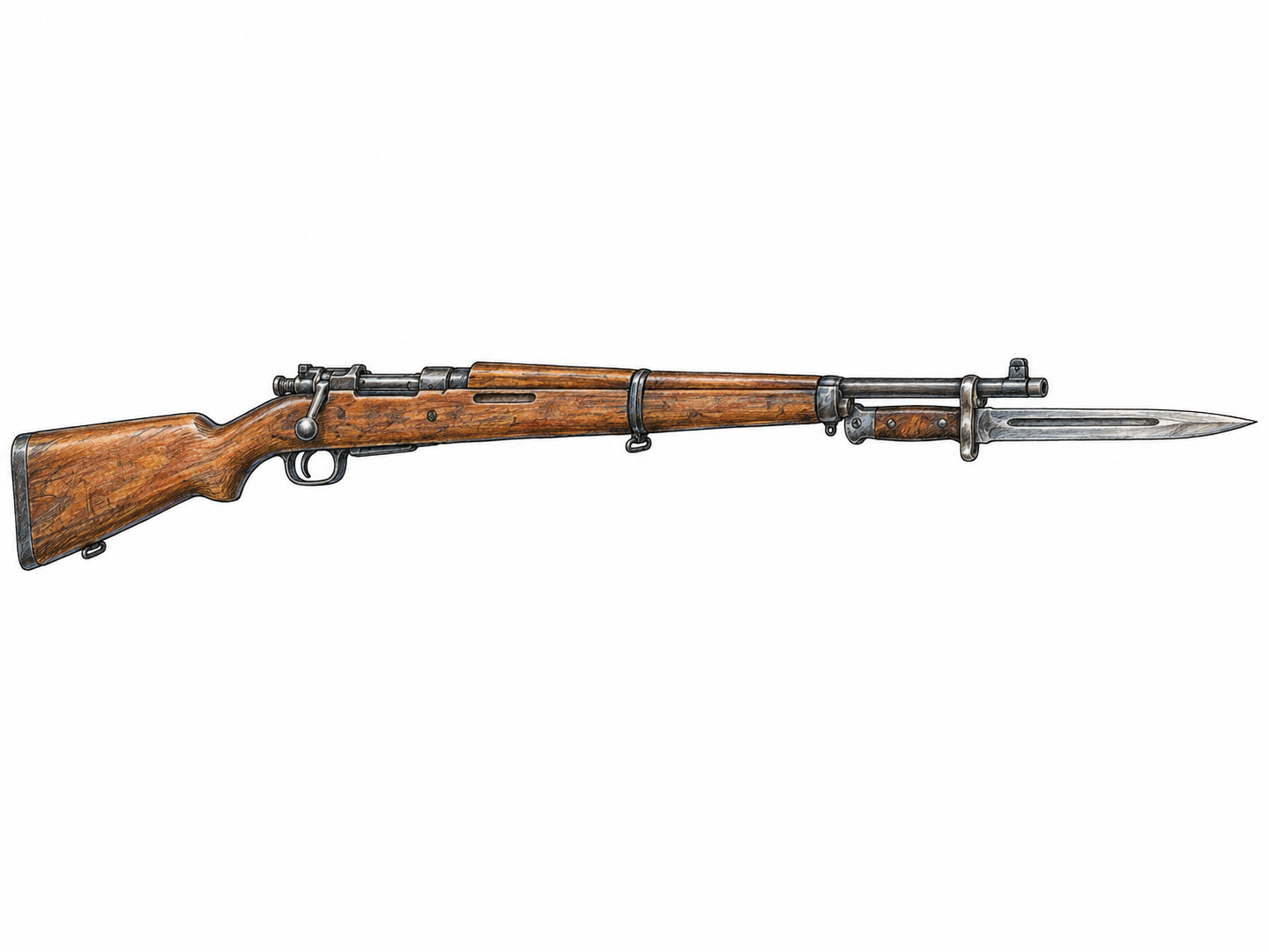 An isolated rifle shown in side view with a steel bayonet securely mounted beneath its muzzle, emphasizing the blade and its attachment.