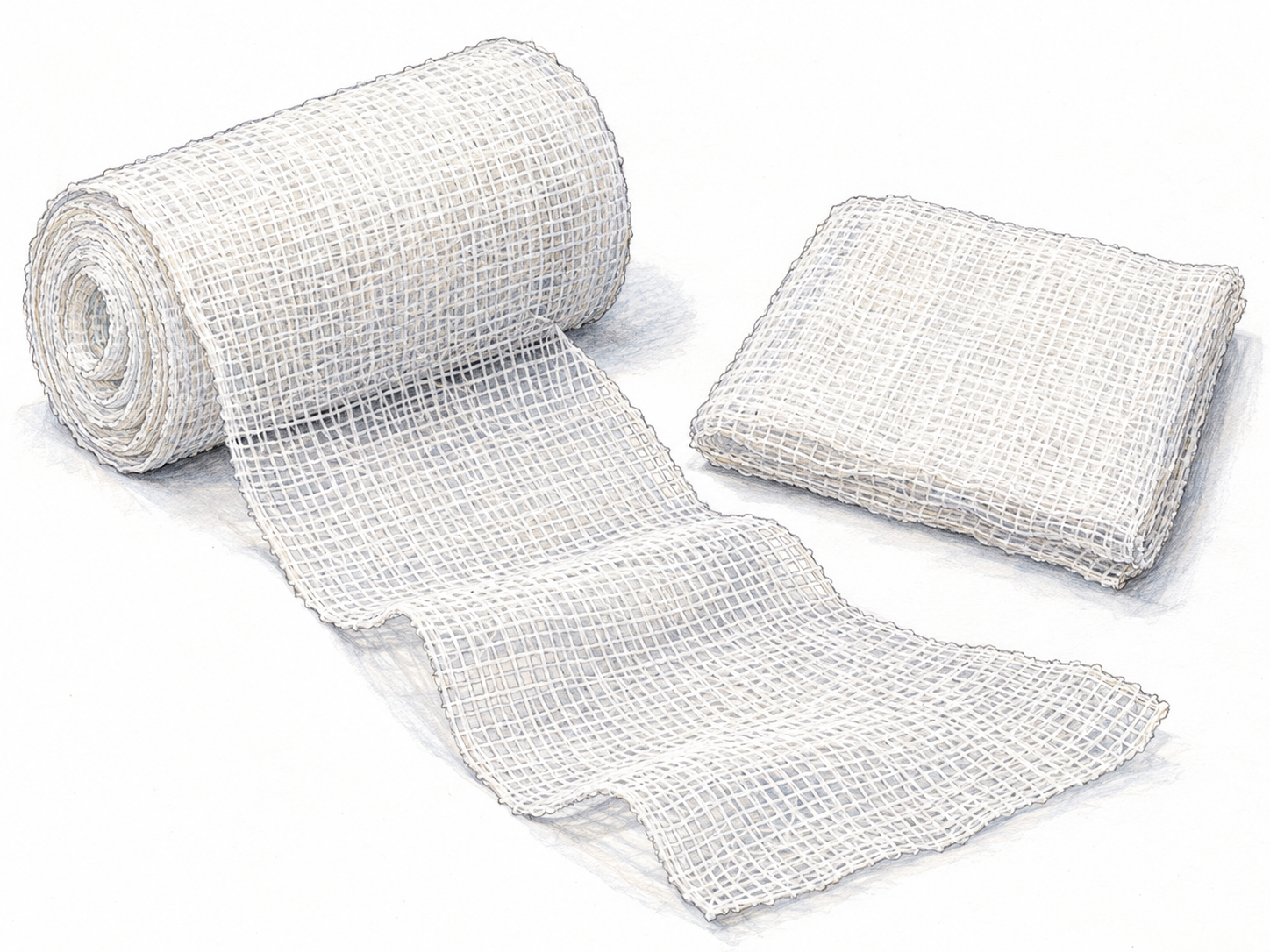 A close-up of a white medical gauze roll with an unrolled strip and a folded pad, clearly revealing the thin, translucent, loosely woven mesh.