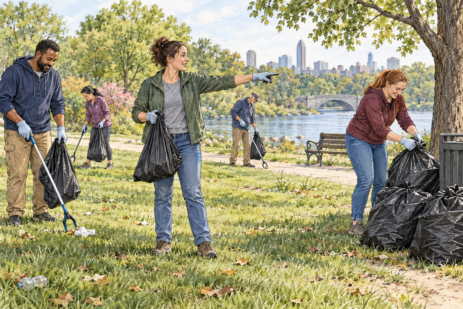 A female community volunteer directs a group of adults carrying out a park clean-up, calmly gestures where collected litter bags should go while others work with grabbers and gloves, organized activity visually clear.