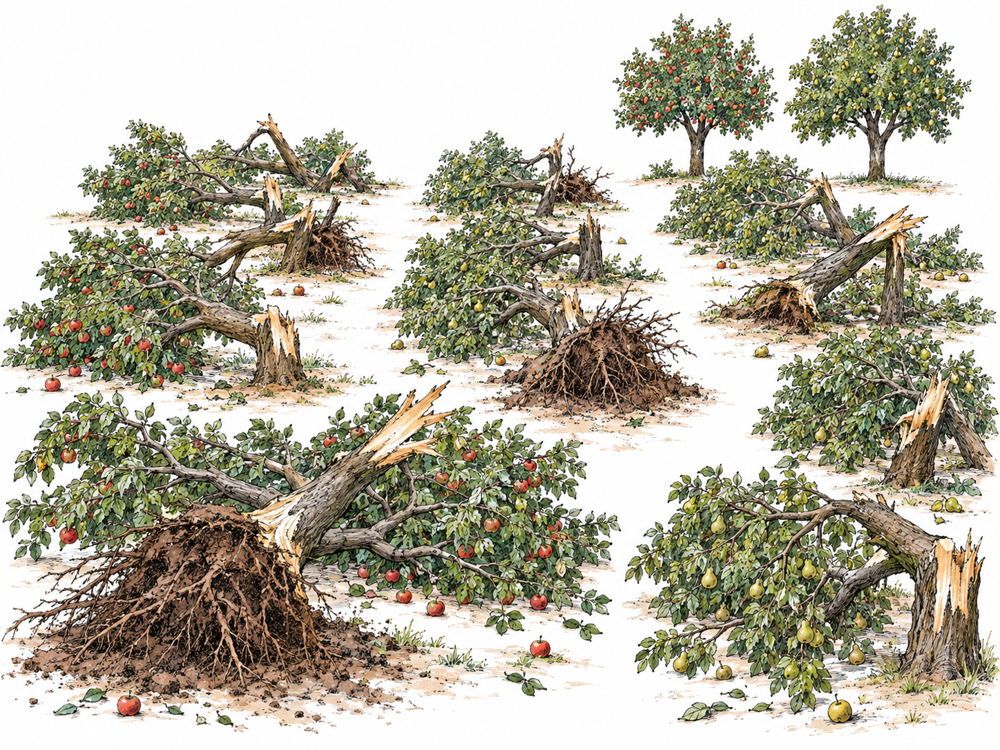 A storm-devastated orchard with nearly all its mature trees snapped or uprooted and only two trees still standing, making severe destruction and drastic reduction immediately visible.
