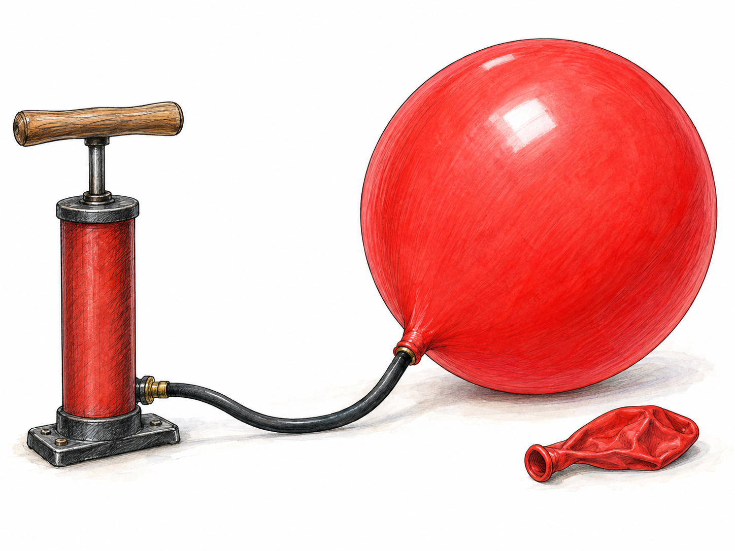 A rubber balloon visibly swelling as air is forced into it by a hand pump, with its taut rounded body contrasting with a small uninflated balloon beside it.
