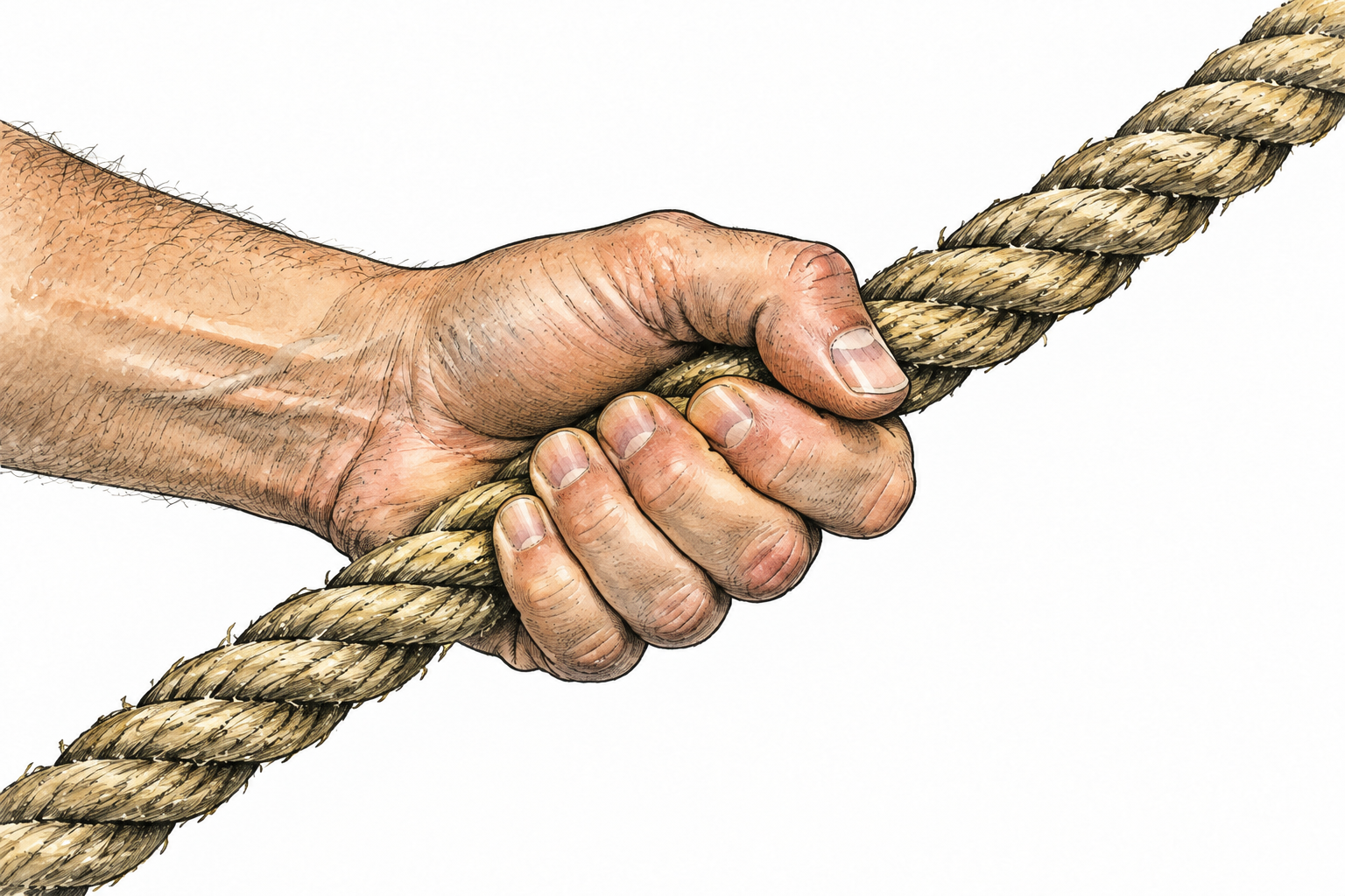 A close-up hand firmly grasps a sturdy rope, fingers securely wrapped, realistic anatomy.