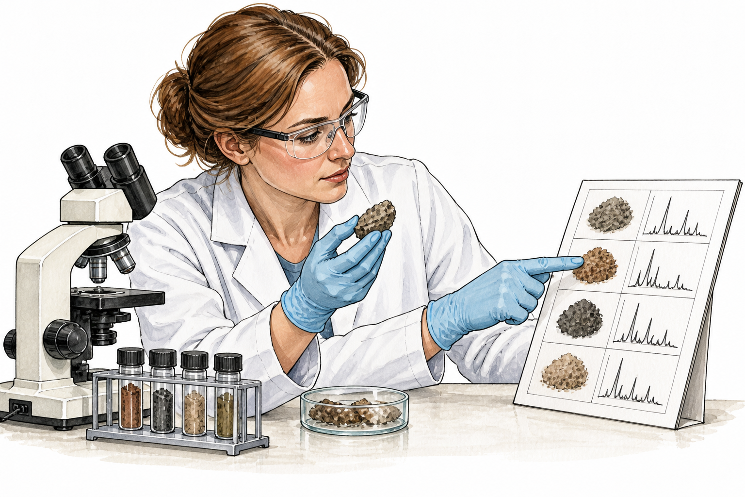 Scientist carefully compares a sample to test results and decisively identifies the match.