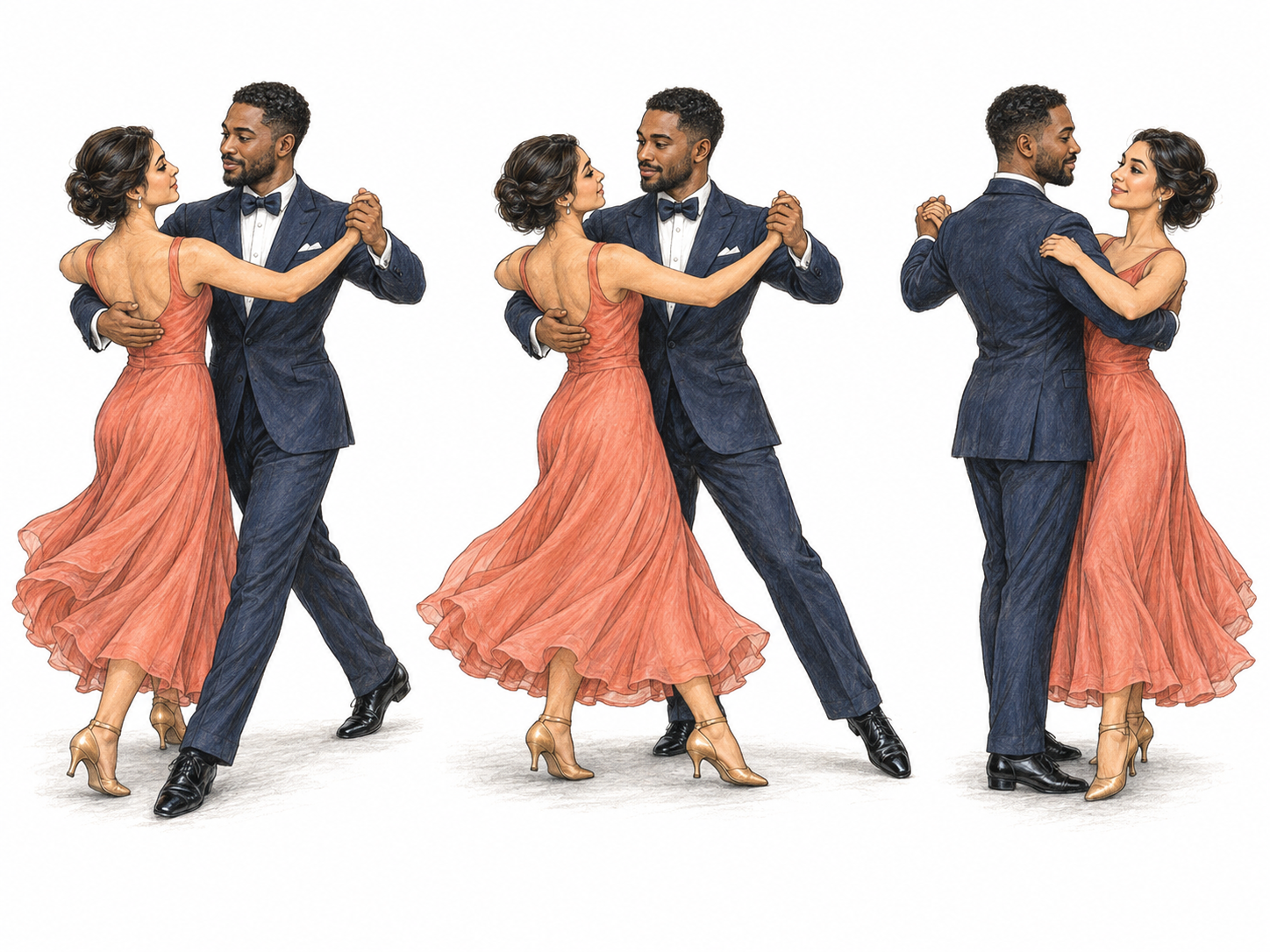 A compact three-moment sequence of the same ballroom couple performing a waltz half-turn: a forward/backward step, a rising side step, and a closing step.