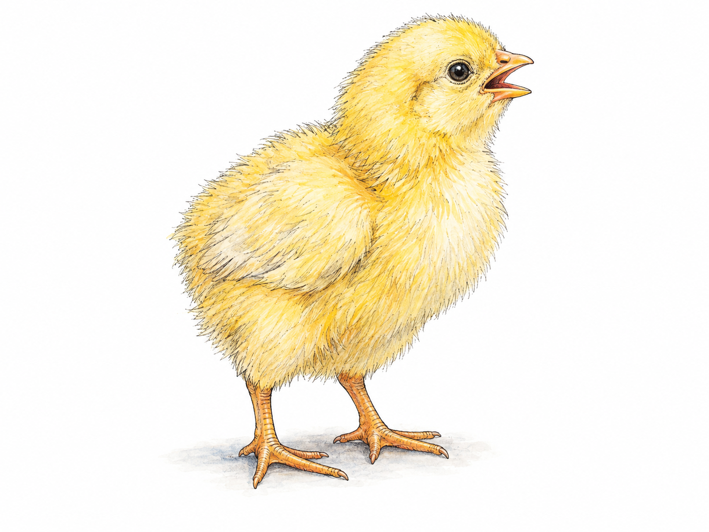 A tiny downy chick stands with its head raised and beak slightly open in a brief peeping call, its small body and delicate calling posture emphasizing a high bird sound.