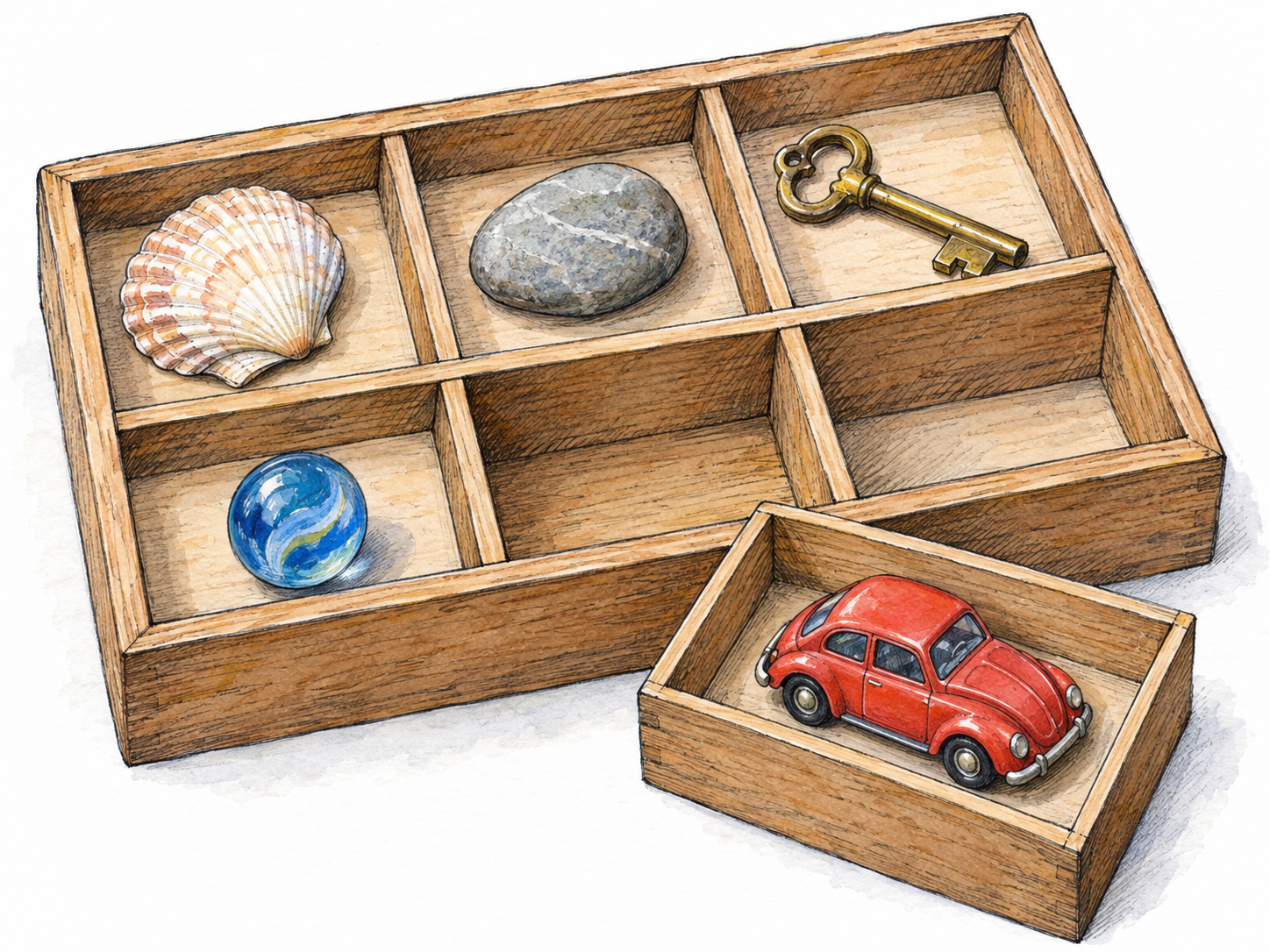 A shallow divided collection tray holds several distinct small objects, with one compartment pulled forward containing a single red toy car.