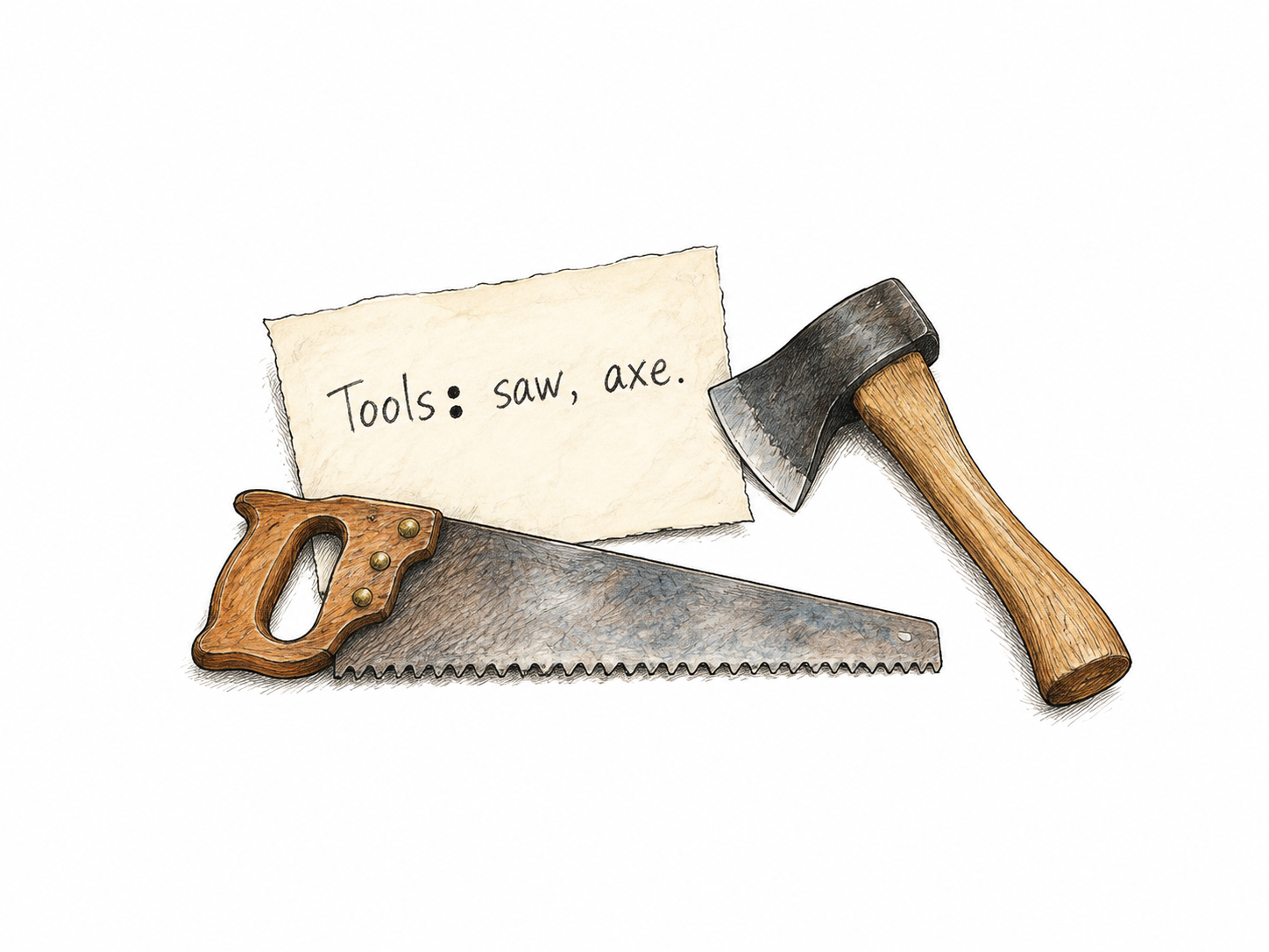 A plain small handwritten note contains ONLY 'Tools: saw, axe.' with the colon slightly darker for emphasis, small saw and axe lie beside note as list objects.
