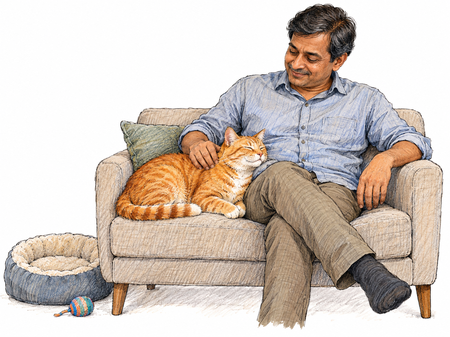 A relaxed house cat nestles beside its owner on a sofa while he gently strokes it; a nearby cat bed and toy establish a home companion rather than a stray or working animal.