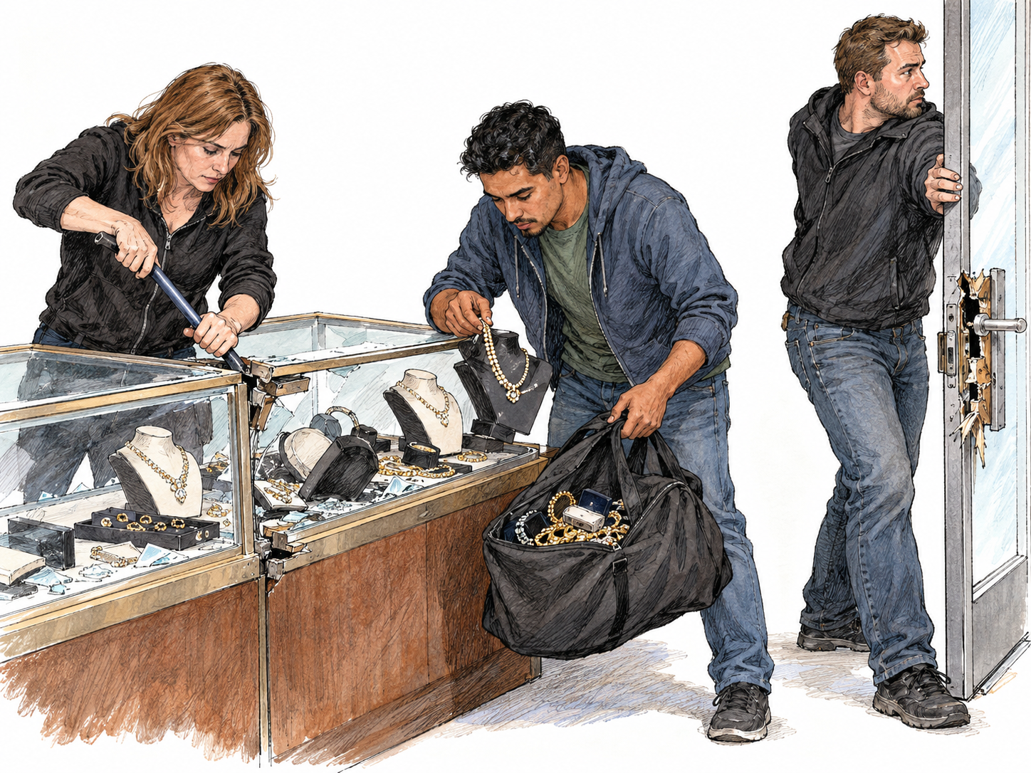 Three coordinated burglars work together at a forced-open jewelry display: one pries the case, another transfers jewelry into a sack, and a third keeps lookout.