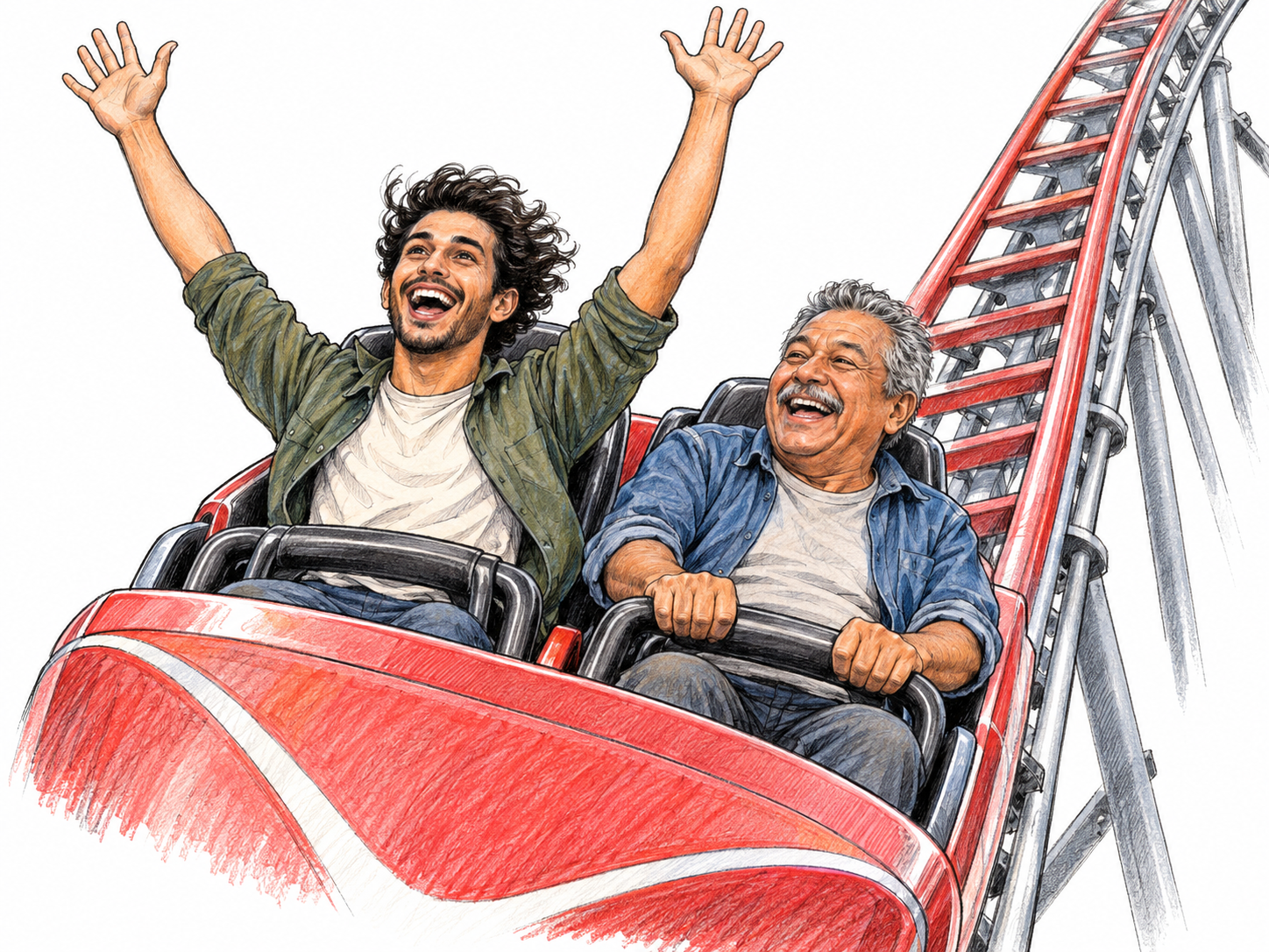 A young man throws his arms up with an exuberant grin as a roller-coaster car sweeps down a steep drop, making the ride visibly responsible for his happy, energized excitement.