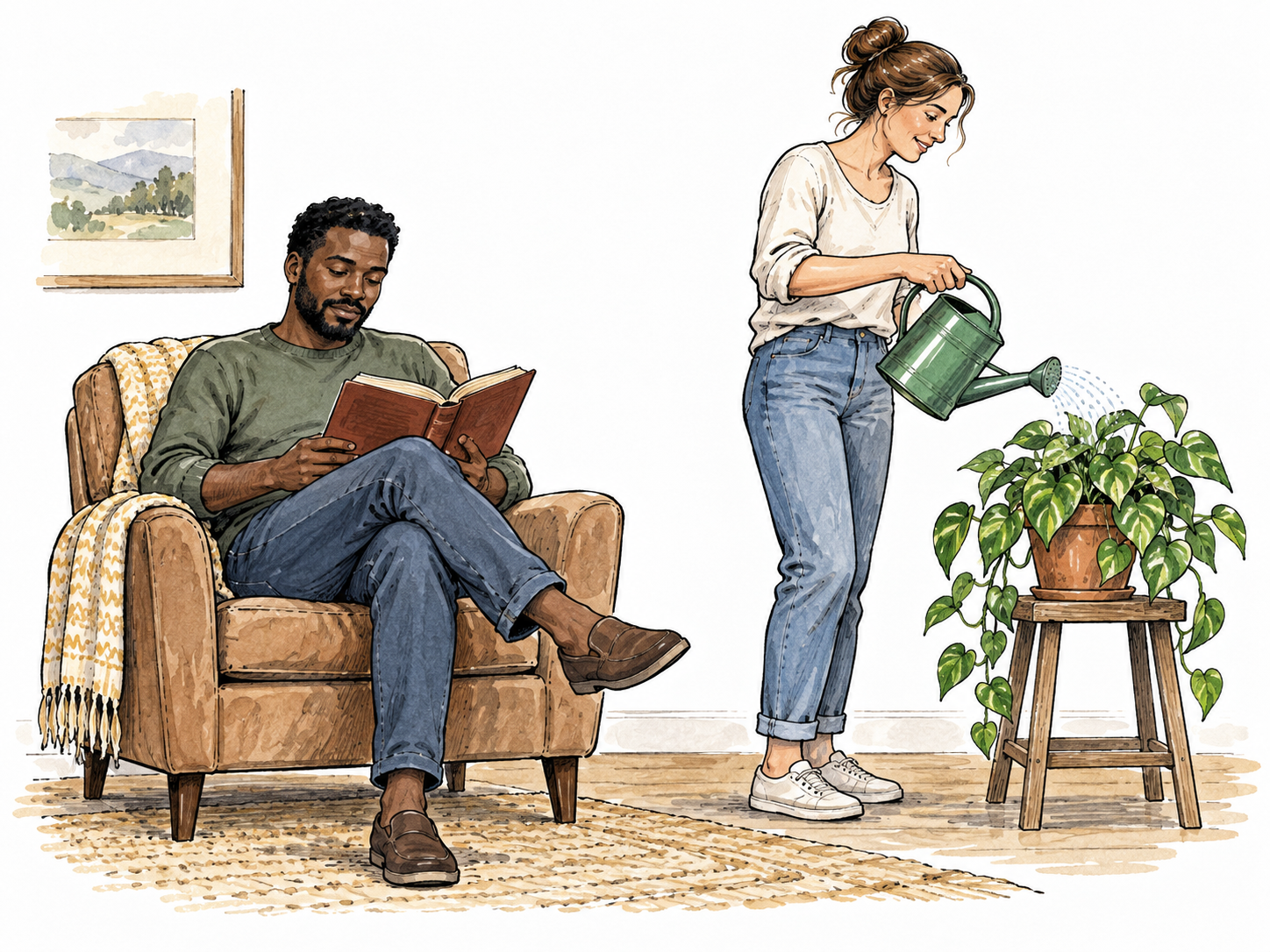 A Black adult reads while a white adult simultaneously waters a plant in the same room.