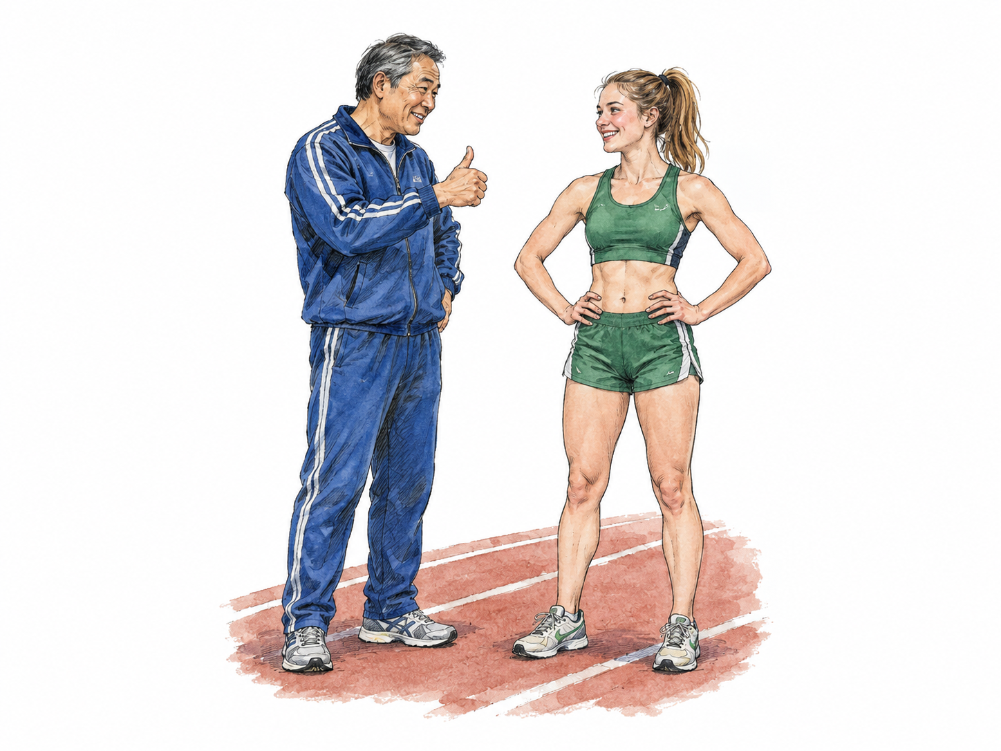 A coach gives an encouraging thumbs-up and confident smile to a young adult runner after a practice attempt.