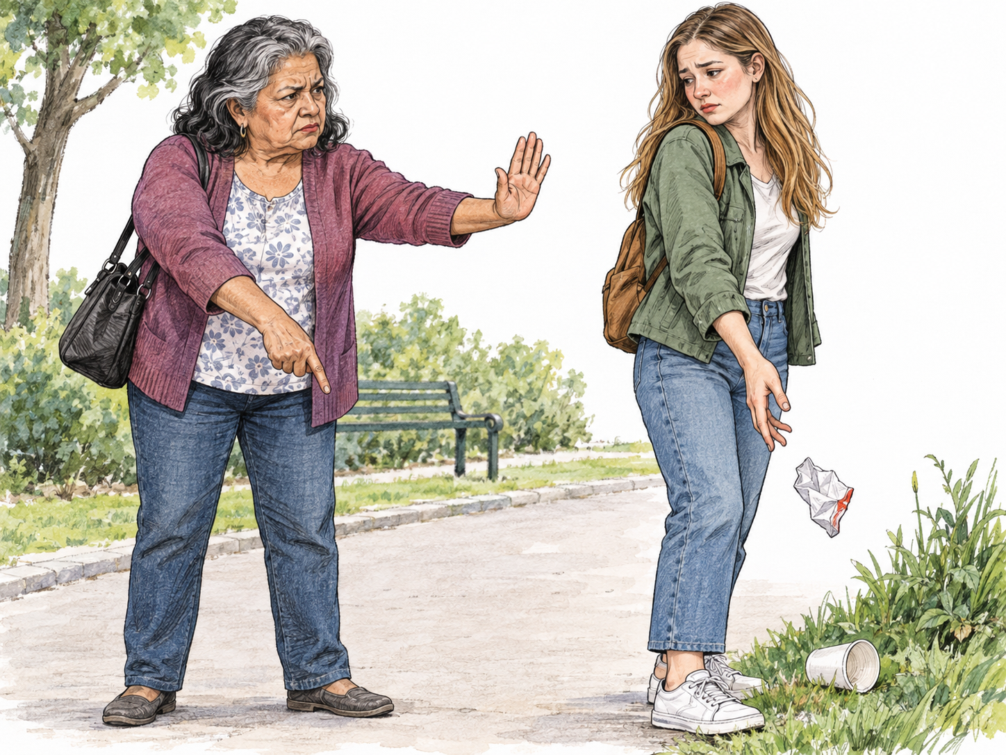 An older woman visibly deplores a younger woman's littering: she looks directly at the litterer with an appalled, deeply disapproving expression, pointing to the freshly discarded rubbish while raising her other palm in rejection.