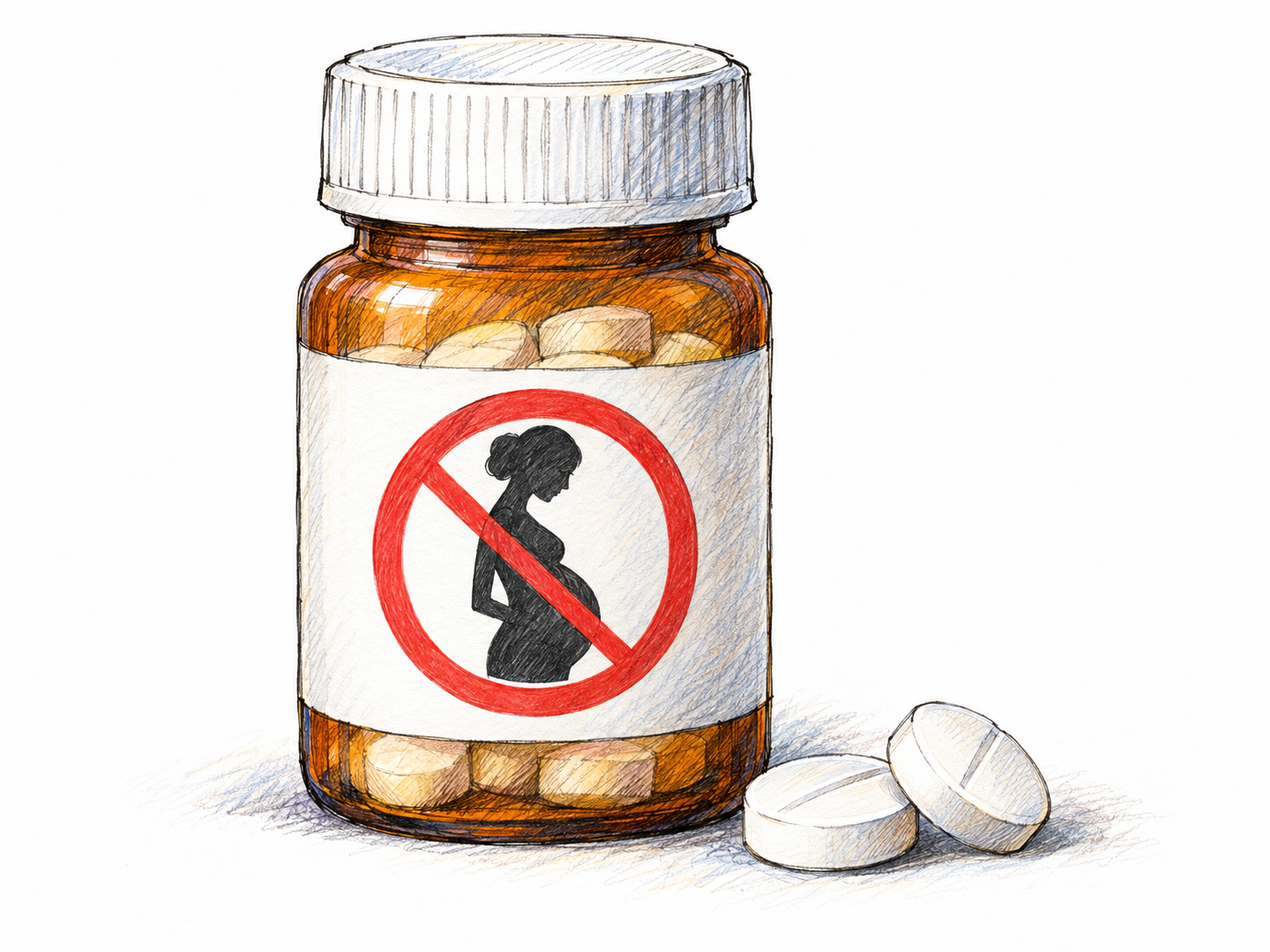 A plain medicine bottle with a few tablets beside it and a prominent pregnancy-contraindication pictogram on its label, emphasizing the drug's serious risk during pregnancy without depicting an injured infant.