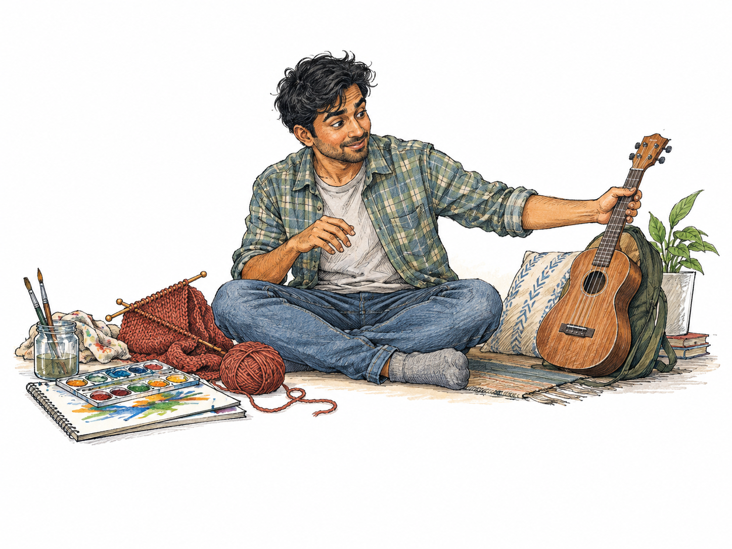 Person abruptly sets aside one half-finished hobby and reaches for a different one: unfinished knitting beside abandoned paint palette while new ukulele now interests them; changing interest clear, no judgmental stereotype.