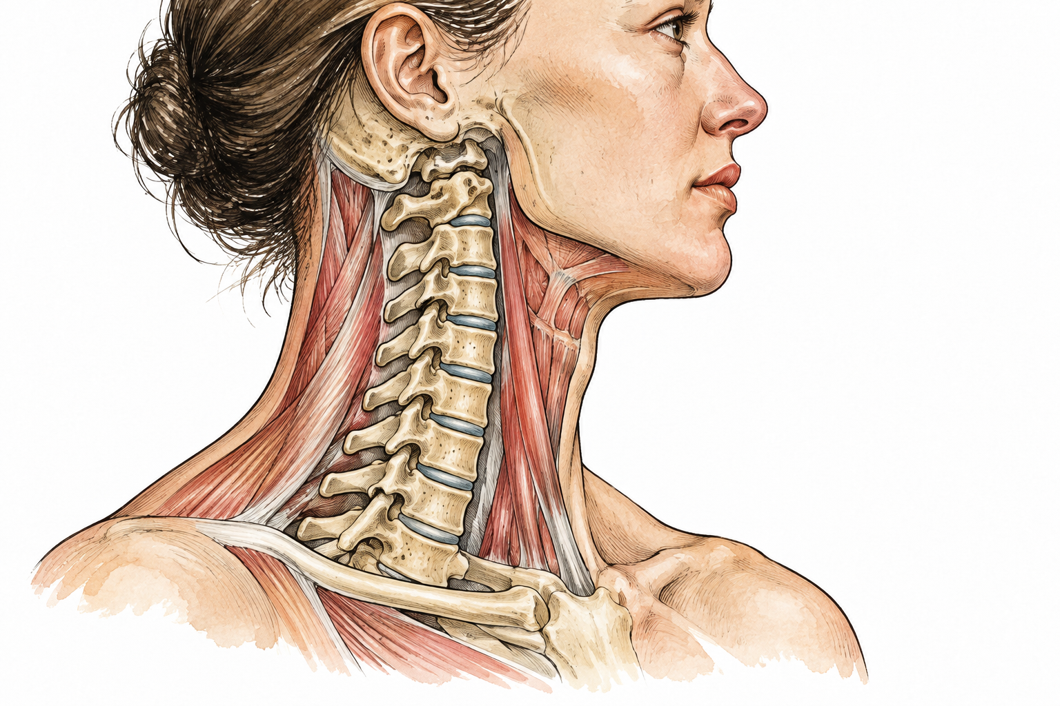 Neutral anatomy illustration of neck and cervical vertebrae in side cutaway, head and shoulders modestly shown, accurate seven neck vertebrae, no labels.