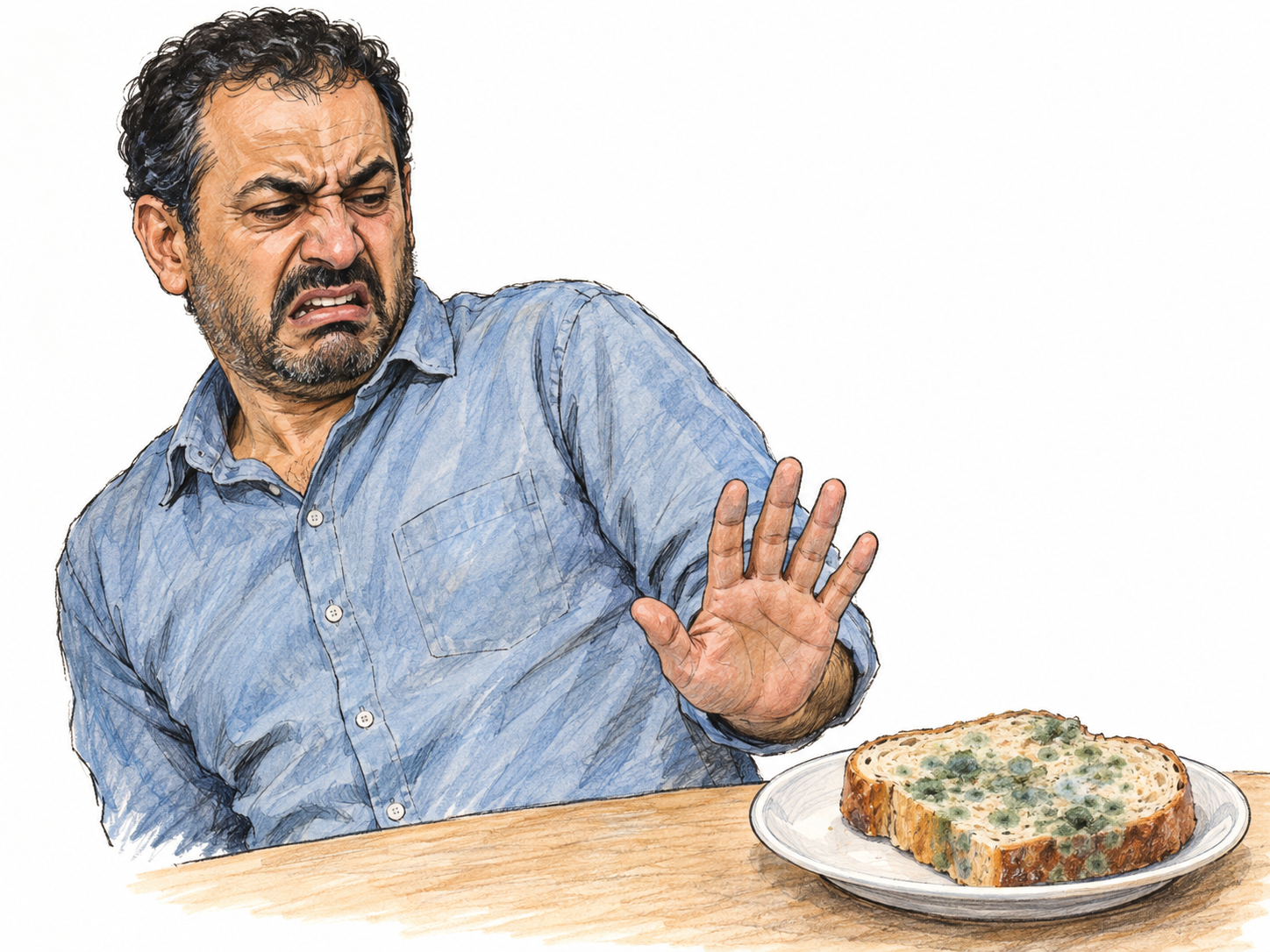 A man recoils from a visibly moldy piece of bread, nose wrinkled and mouth open in an immediate disgusted reaction.