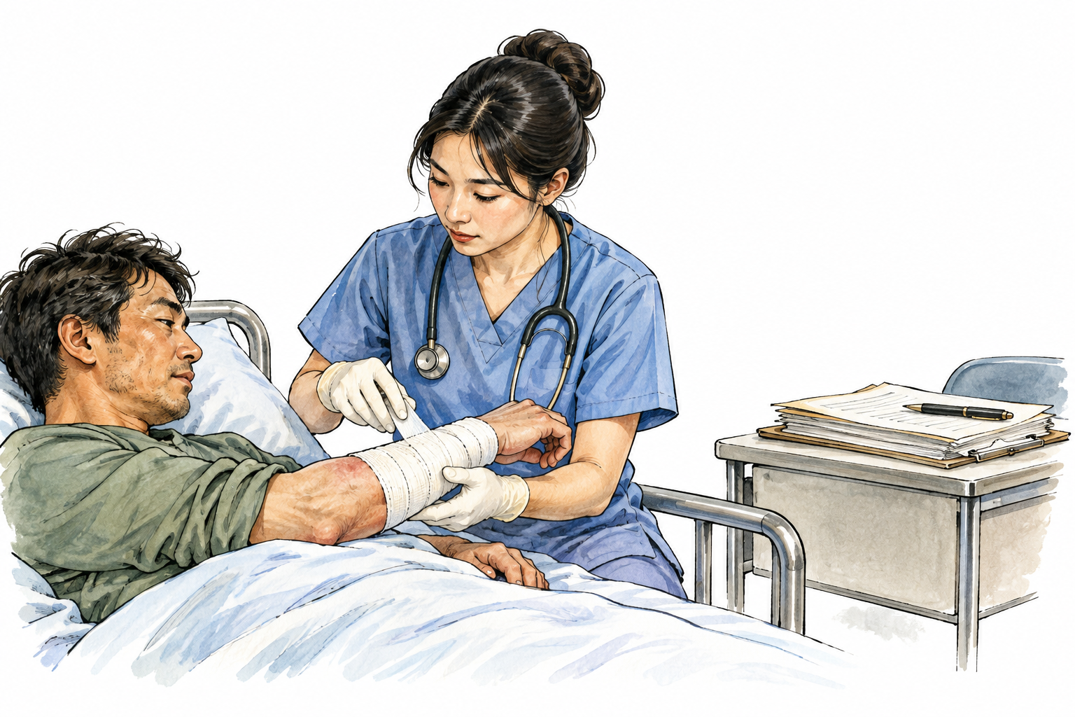 East Asian nurse attends an urgent injured patient's bandaged arm while routine paperwork waits, calm professional priority.