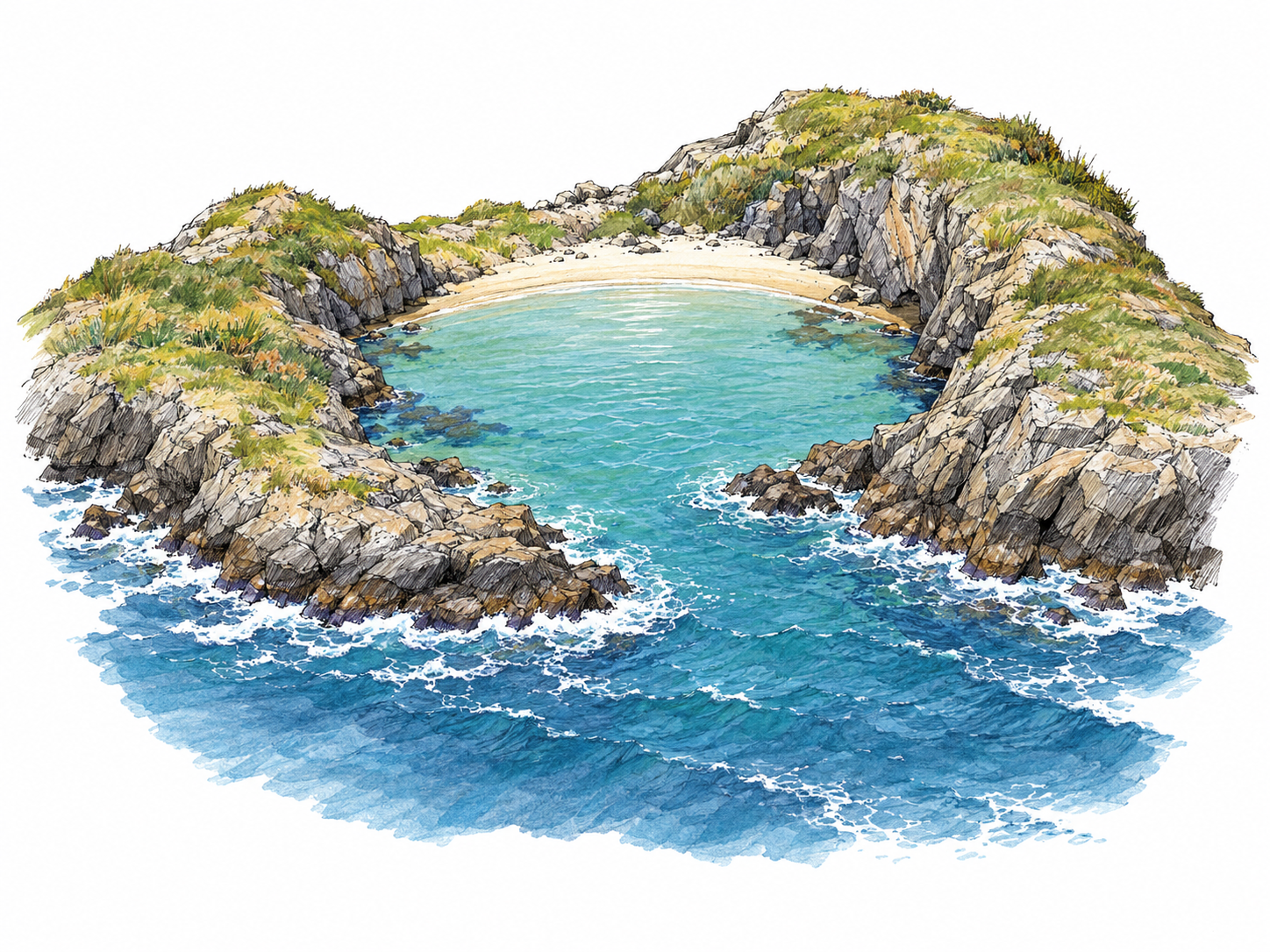 An elevated oblique view of a small coastal cove: two rocky headlands curve around a calm pocket of water and a short crescent beach, leaving a narrow opening to the choppier sea.