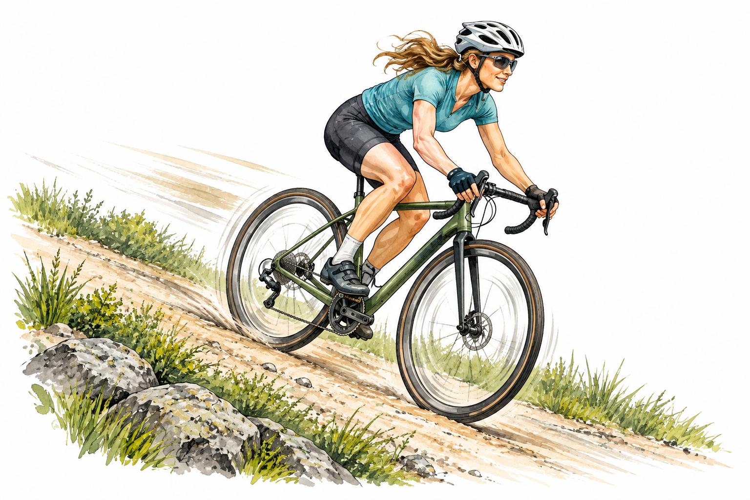 White woman cyclist coasts swiftly down a gentle slope, wheels turning, motion clear.
