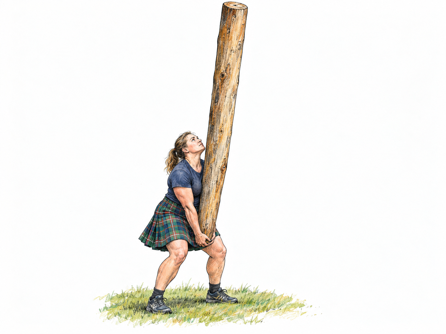 A Scottish Highland Games competitor balances a towering, heavy wooden caber upright in both cupped hands before the toss, making the pole itself the dominant subject.