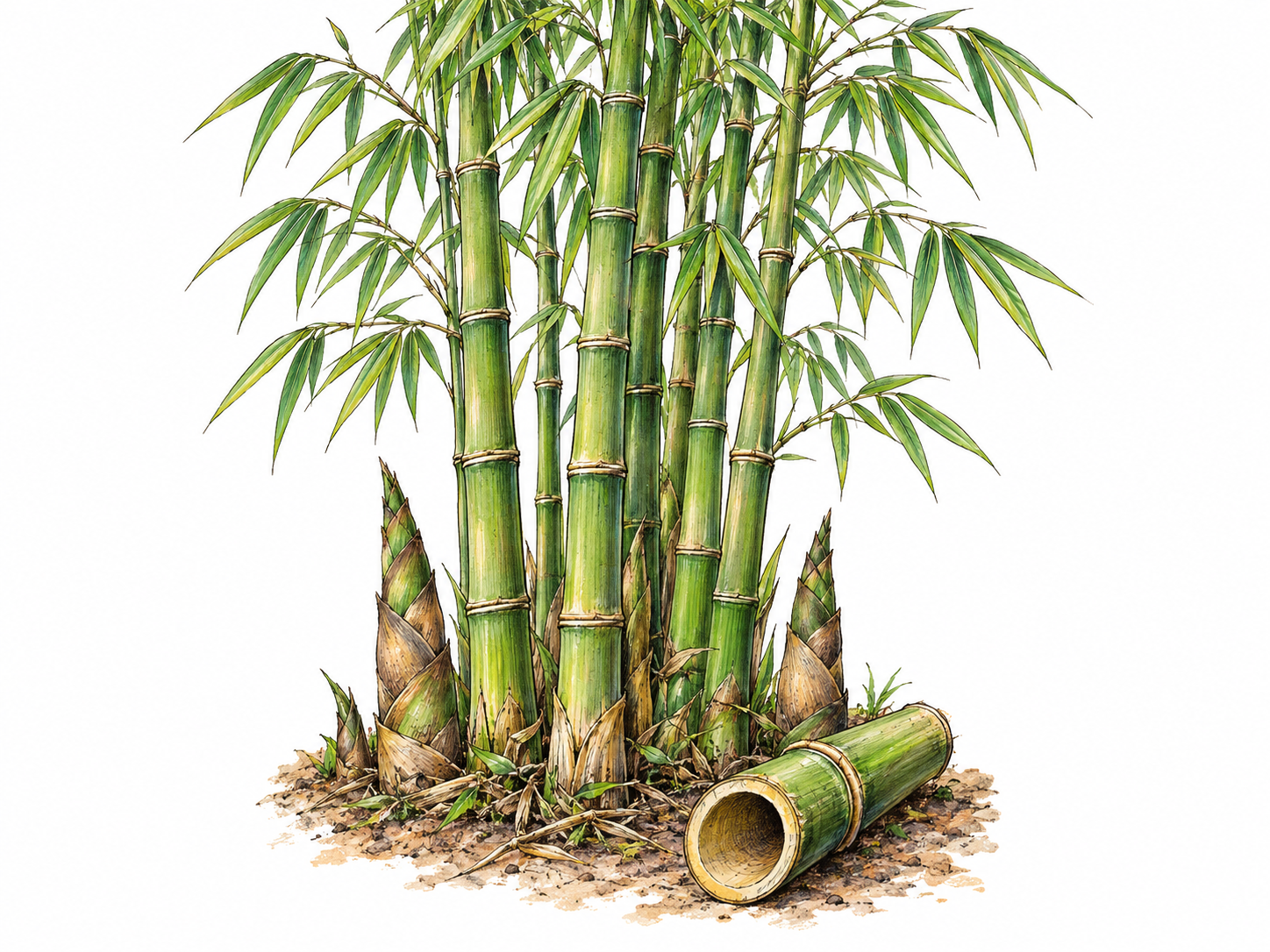 A small clump of tall bamboo with jointed green culms and narrow leaves, young shoots at its base, and one cut culm exposing its hollow interior.