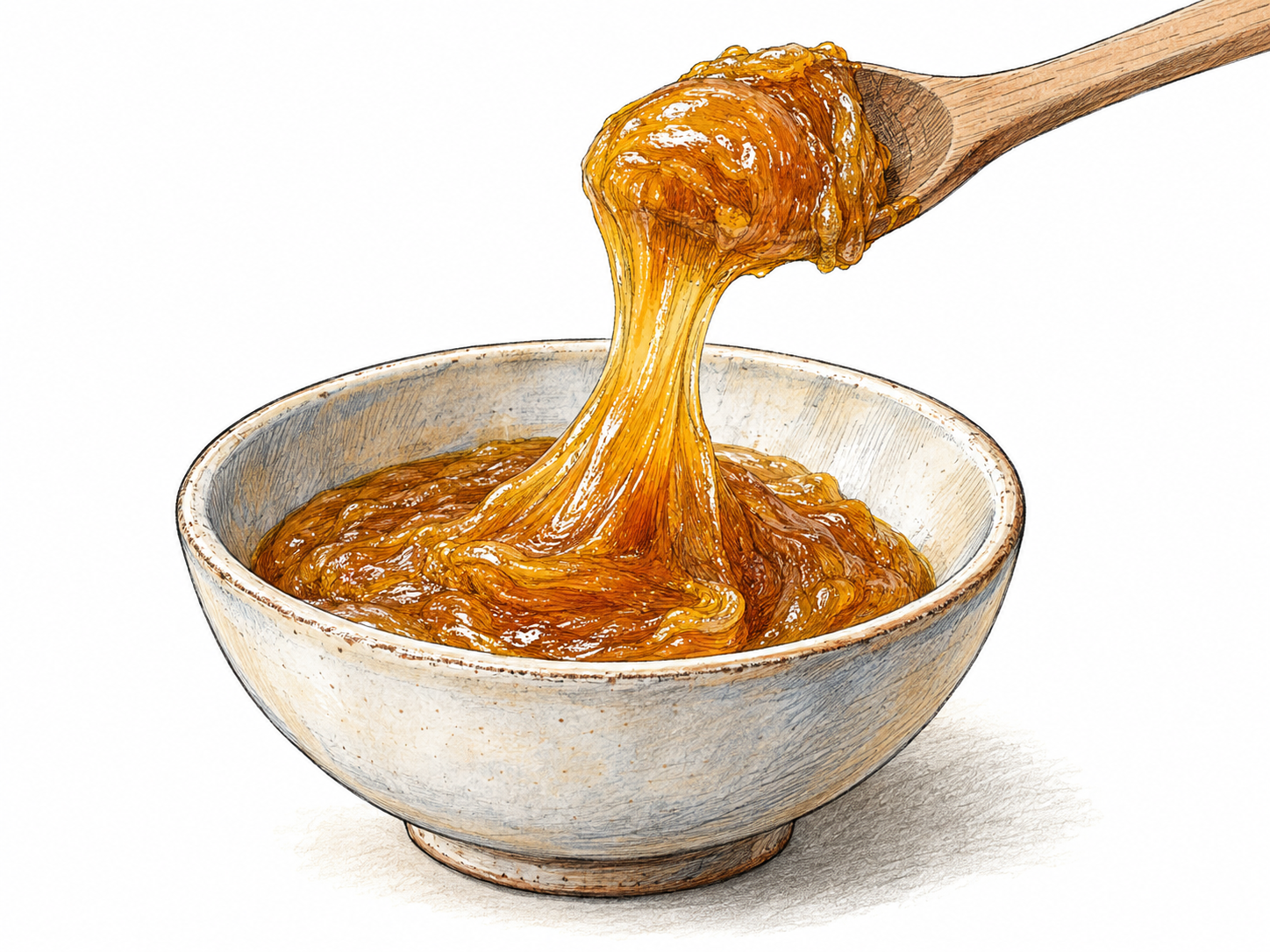 A wooden spoon lifted above a small bowl of thick amber paste, with a heavy, sticky strand stretching between the coated spoon and the paste below.