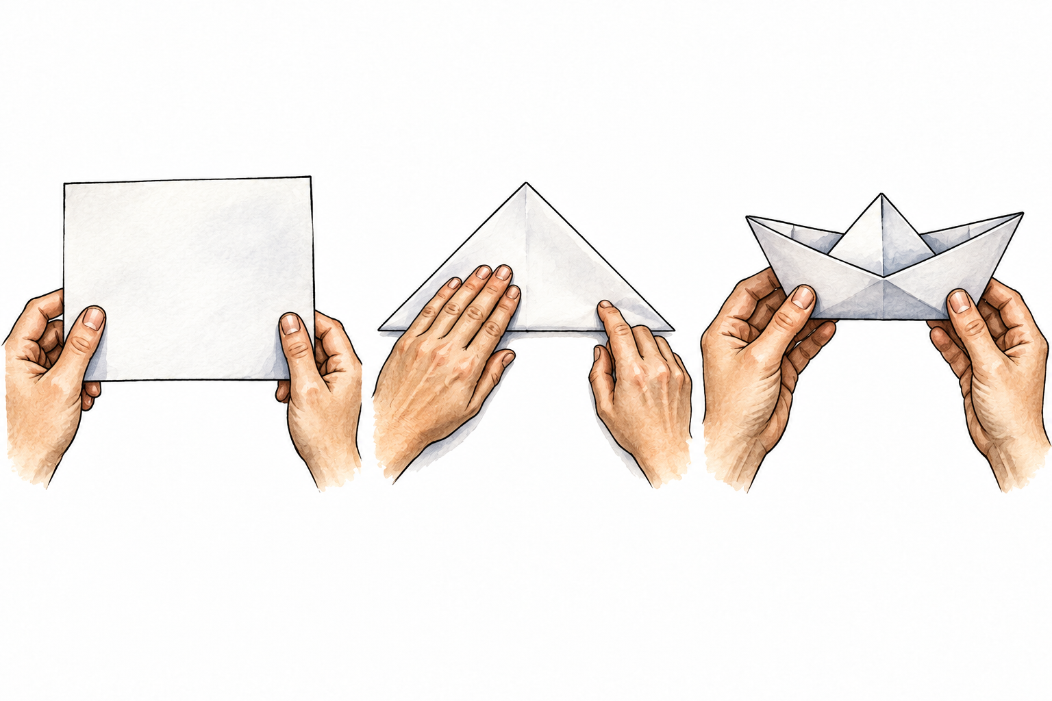 A clear three-panel illustrated direction sequence shows hands folding a paper sheet into a simple paper boat, no text.