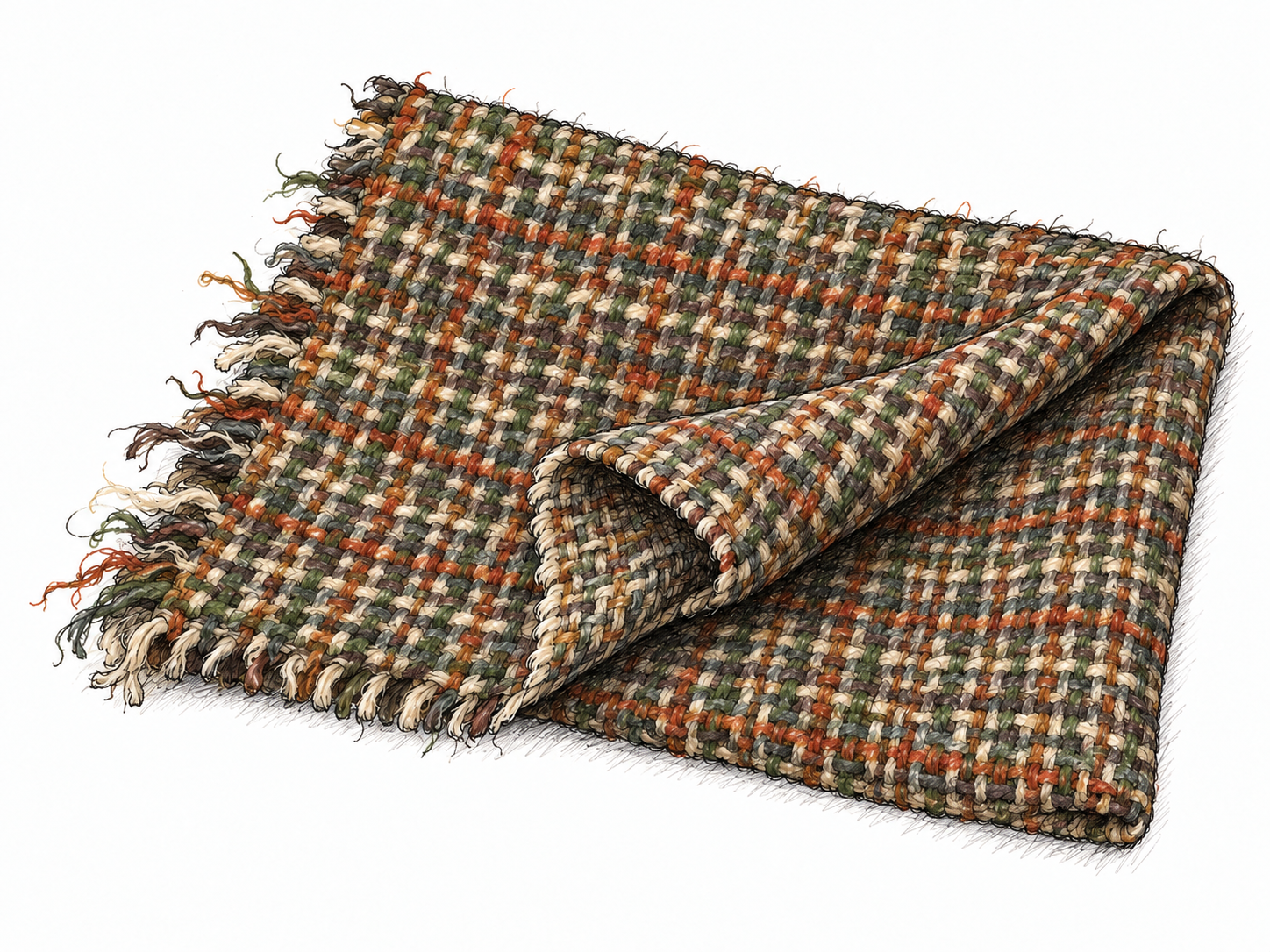 A folded swatch of rough woolen tweed with a turned-back corner and lightly frayed edge, revealing visibly interwoven threads in several muted natural colors.