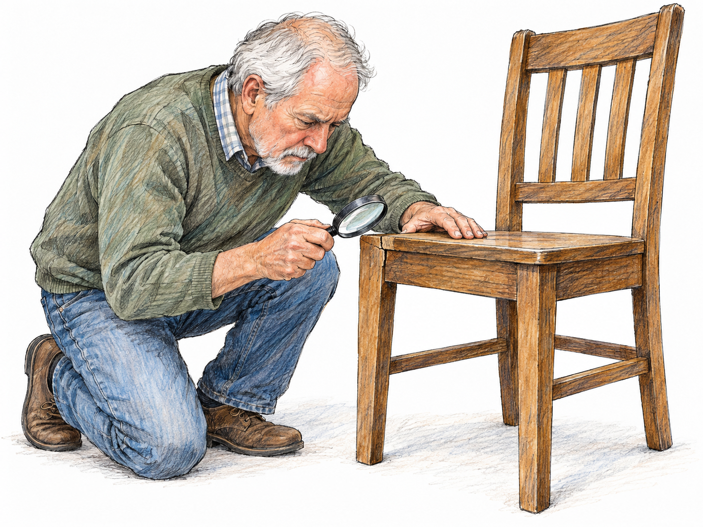 An older man carefully examines a small wooden chair's leg joint with a magnifying glass, checking a visible hairline crack before deciding whether the chair is sound.