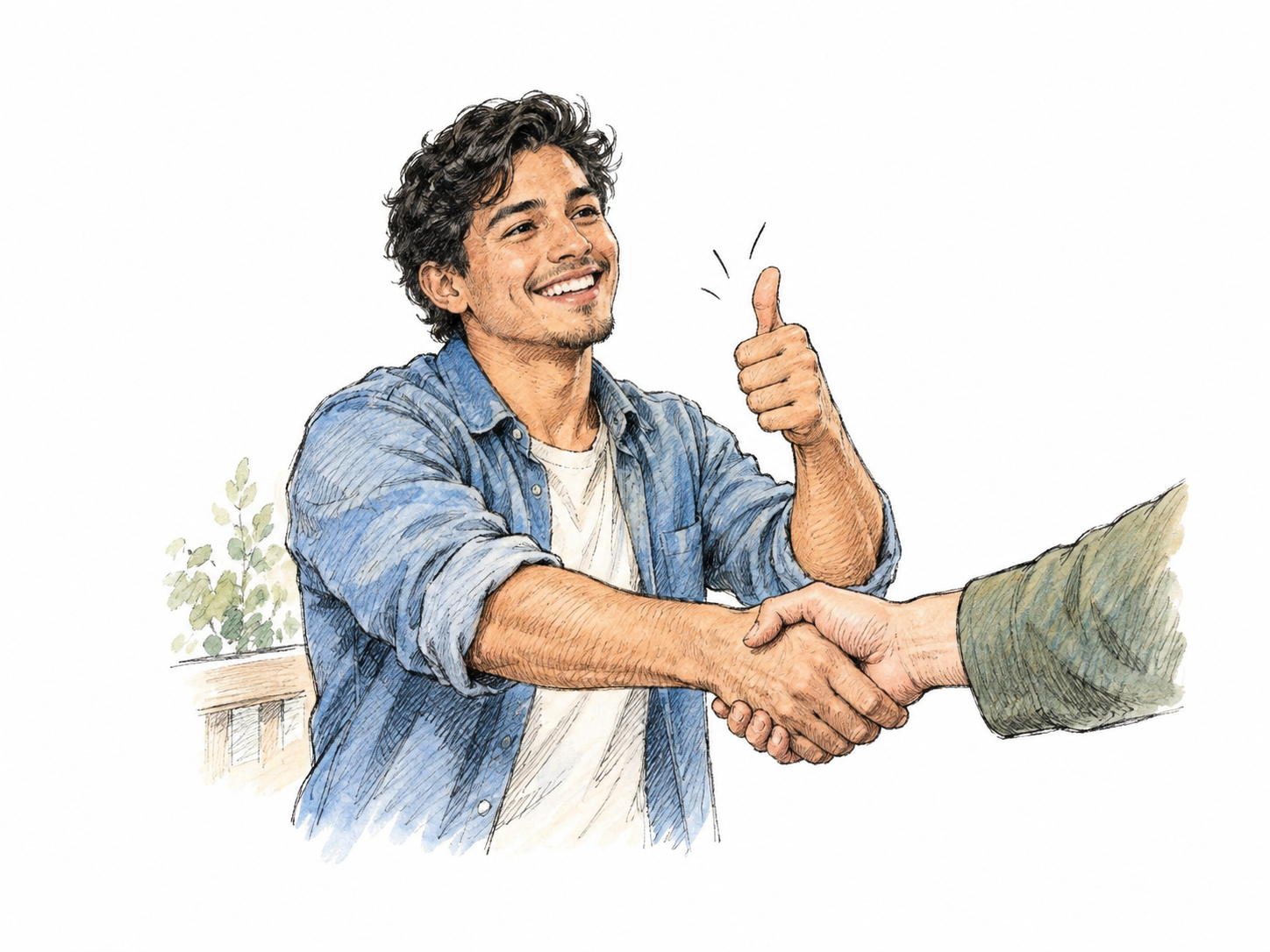 Person nods enthusiastically with open smile and one raised thumb while accepting invitation hand; affirmative response, no text.
