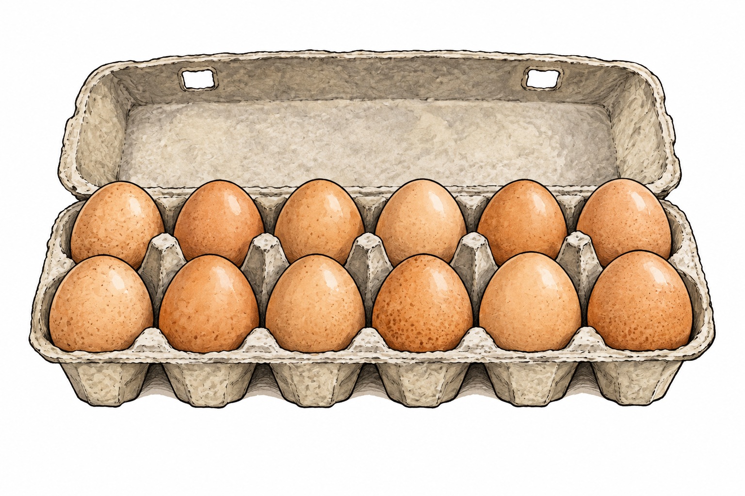 An open egg carton holding exactly twelve eggs arranged two rows of six, clear count.