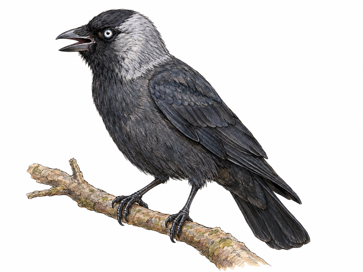 A single jackdaw perched on a short bare branch, shown in three-quarter profile with its bill open in a calling posture.