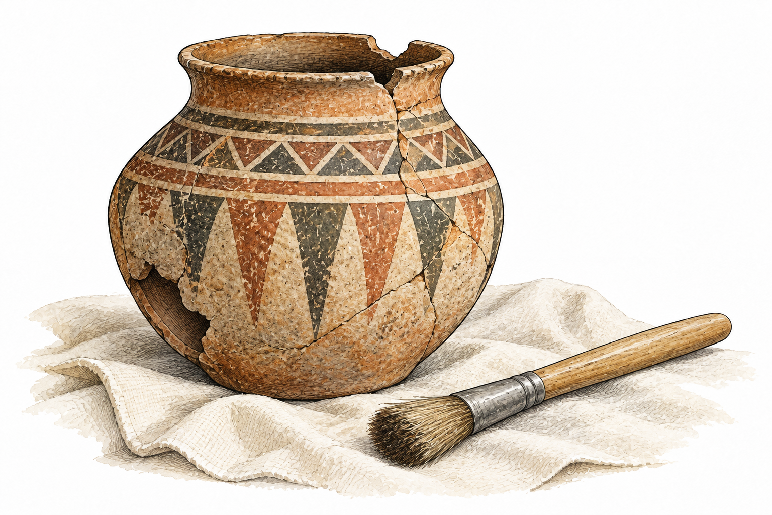 An ancient chipped decorated clay vessel displayed on plain cloth beside an archaeologist's soft brush, clearly human-made object from the past.