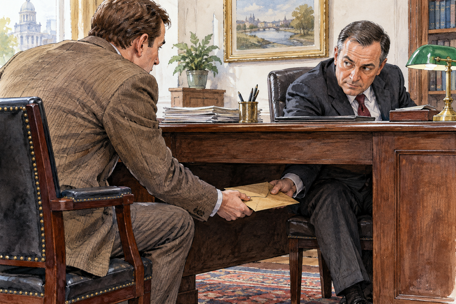 A dishonest official secretly accepts a thick plain envelope beneath a desk from a visitor, furtive eye contact, no banknote text or insignia.