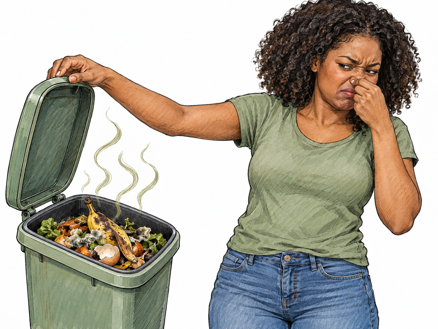 A woman recoils from an open kitchen food-waste bin, pinching her nose and holding the lid at arm’s length.