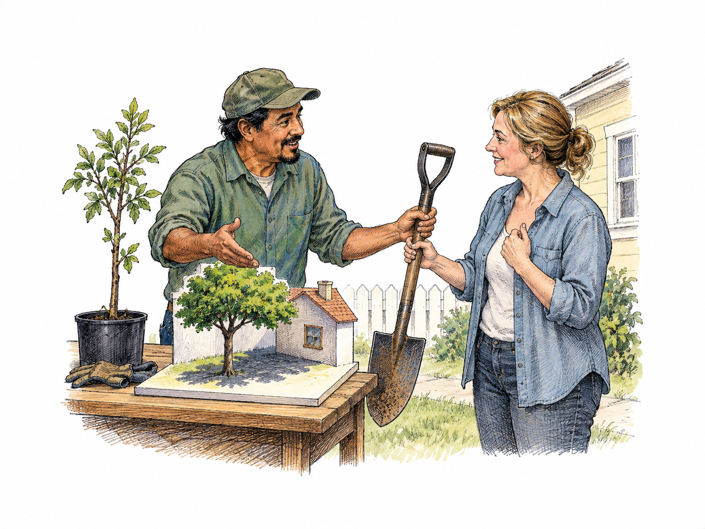 A gardener convinces a neighbor to plant a sapling by showing a simple shade-tree model beside a small house model; neighbor nods and accepts the shovel.