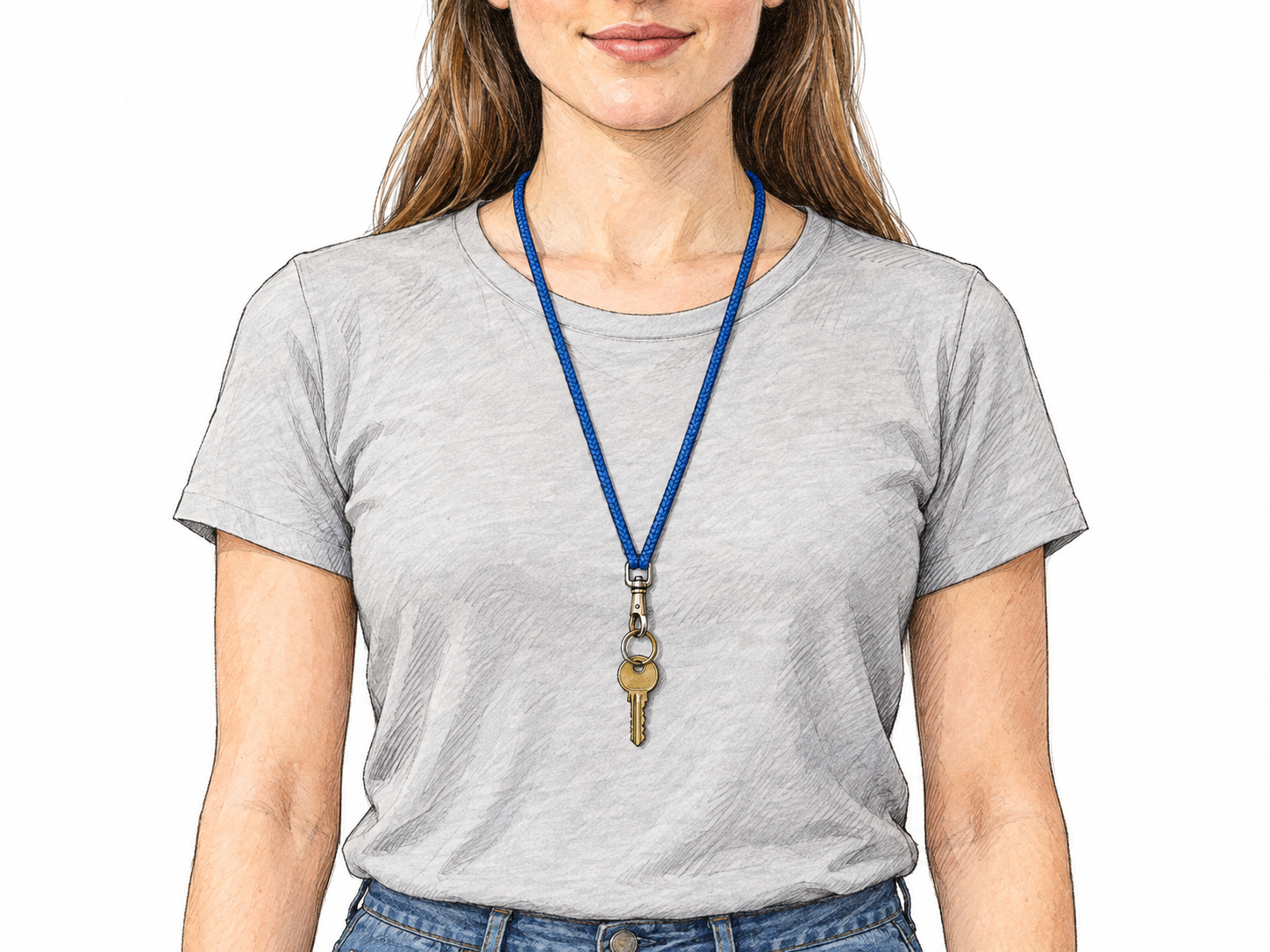 A clearly visible neck cord forms a long loop over a woman's plain shirt, ending in a metal clip that holds a small key at her chest.