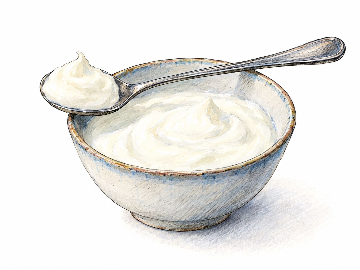 A spoon holding a small rounded dollop of thick yogurt above a plain bowl, with the soft mound clearly visible.