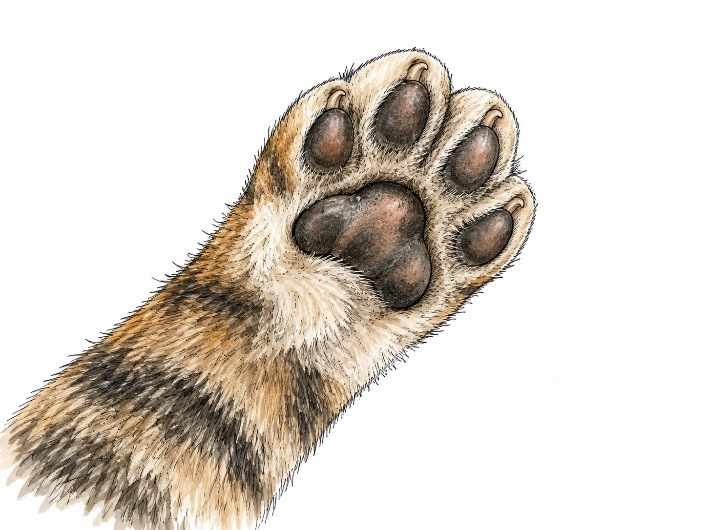 The underside of a cat's paw shows soft pads and small retracted claws, realistic fur.