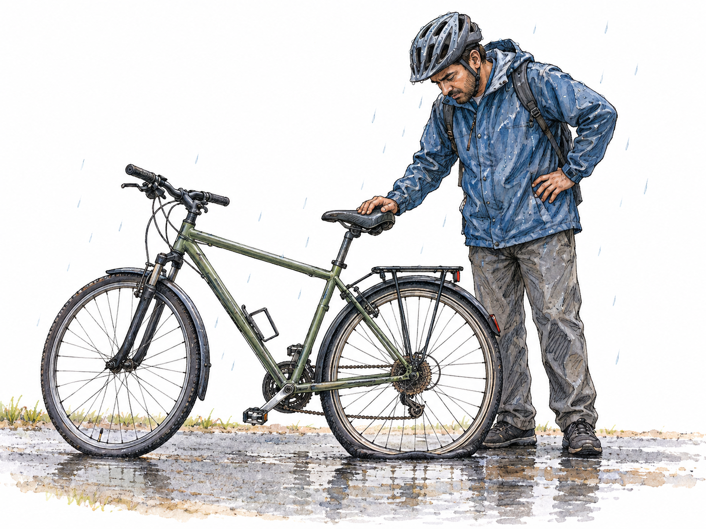 A stranded cyclist stands beside his bicycle with a visibly flat rear tire on a rainy roadside, looking worried as he examines the unusable wheel.