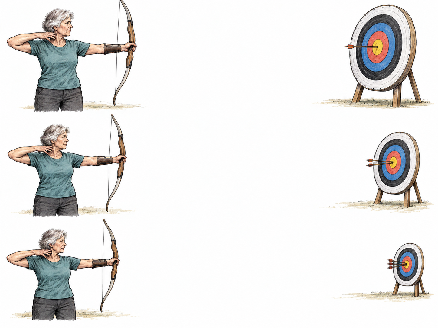 Depict infallible performance through an archer who never misses: a compact sequence shows the same woman hitting the exact center on every attempt as the shooting distance increases.